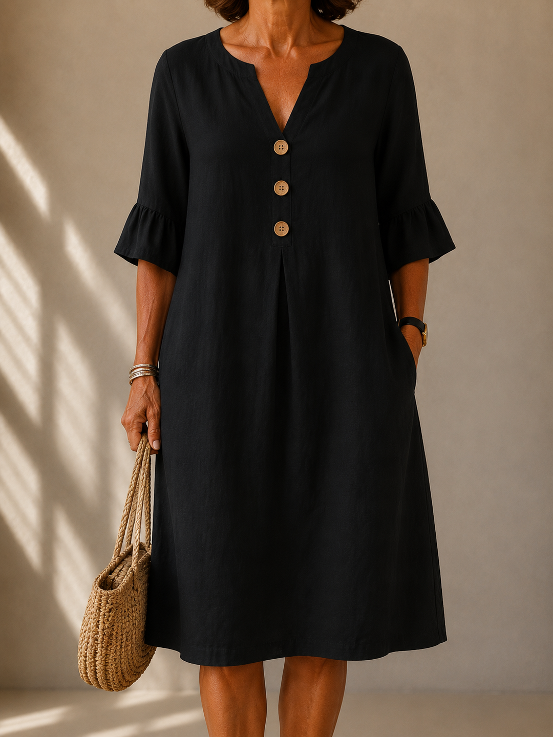 Women's Button-Front Flowing Dress – Ruffled Relaxed Style