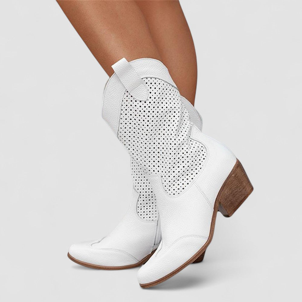 Women's Timeless Denim Boots – Elegant Heeled Finish in White