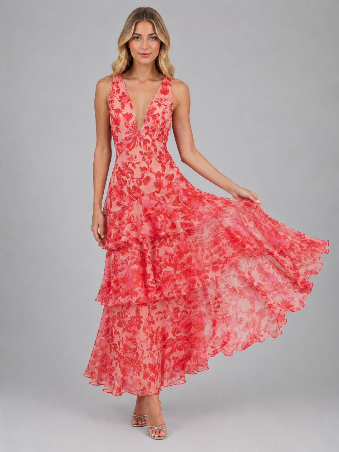 Women’s Floral Chiffon Ruffle Maxi Dress – Summer Occassion Style