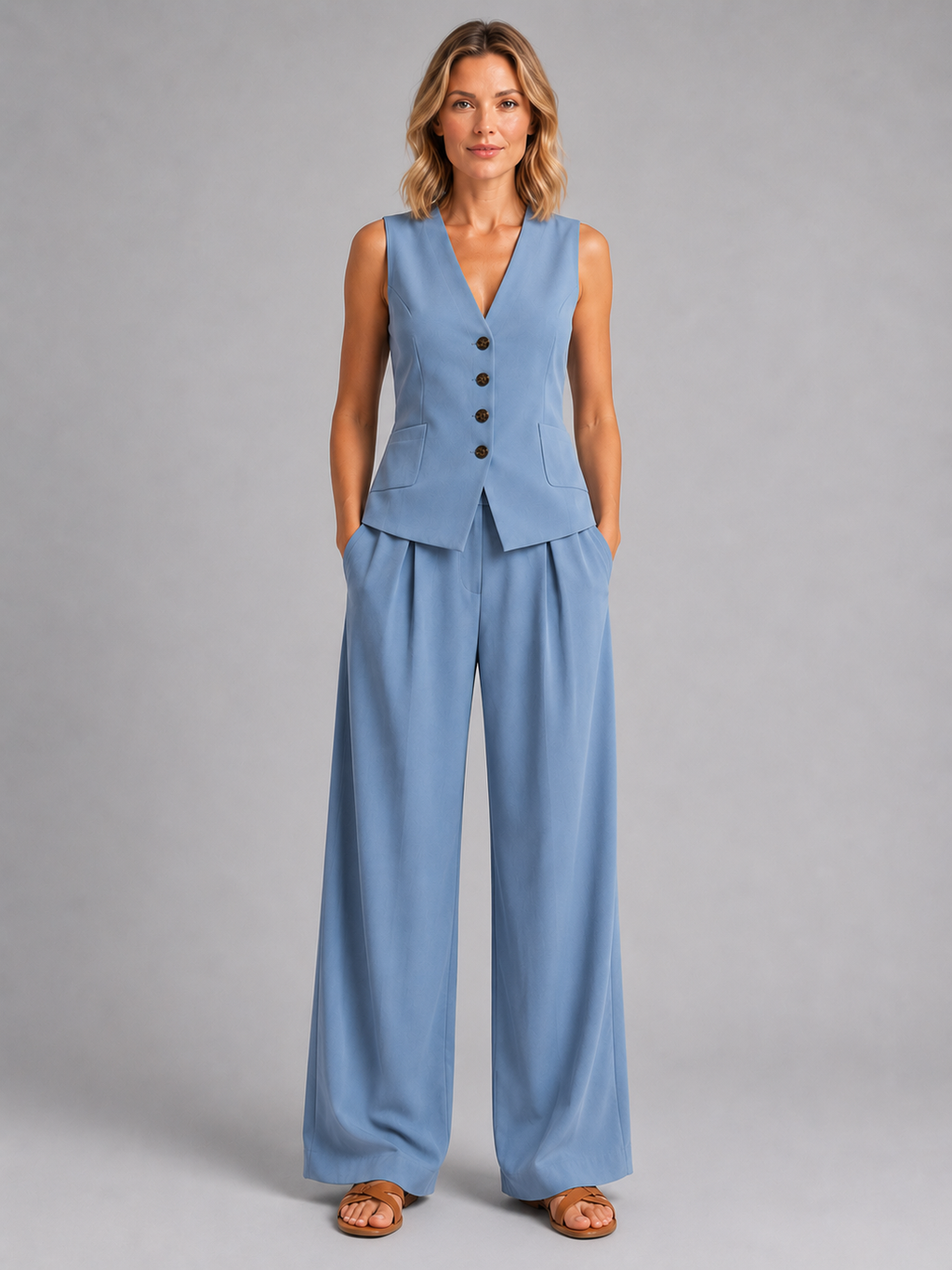 Women’s Sleeveless Waistcoat & Wide-Leg Trousers Set – Relaxed Tailored Co-Ord