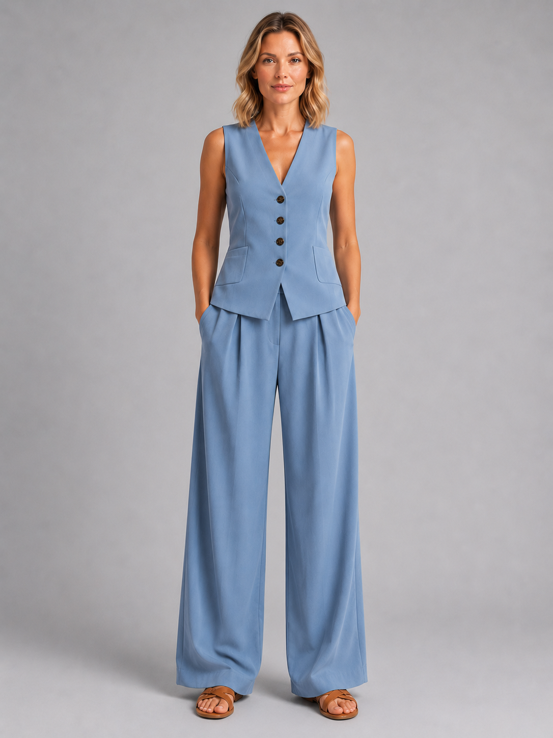 Women’s Sleeveless Waistcoat & Wide-Leg Trousers Set – Relaxed Tailored Co-Ord