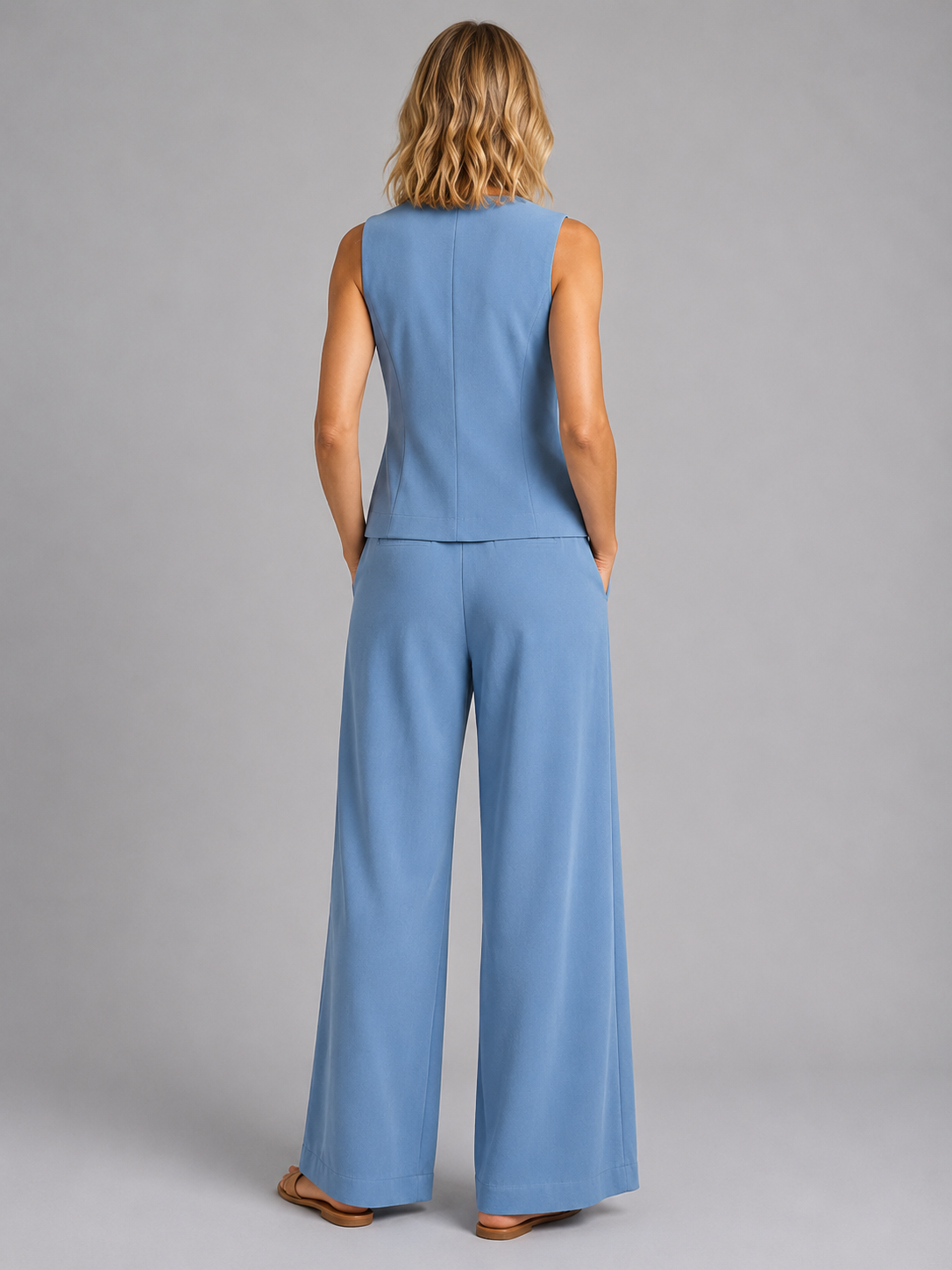 Women’s Sleeveless Waistcoat & Wide-Leg Trousers Set – Relaxed Tailored Co-Ord