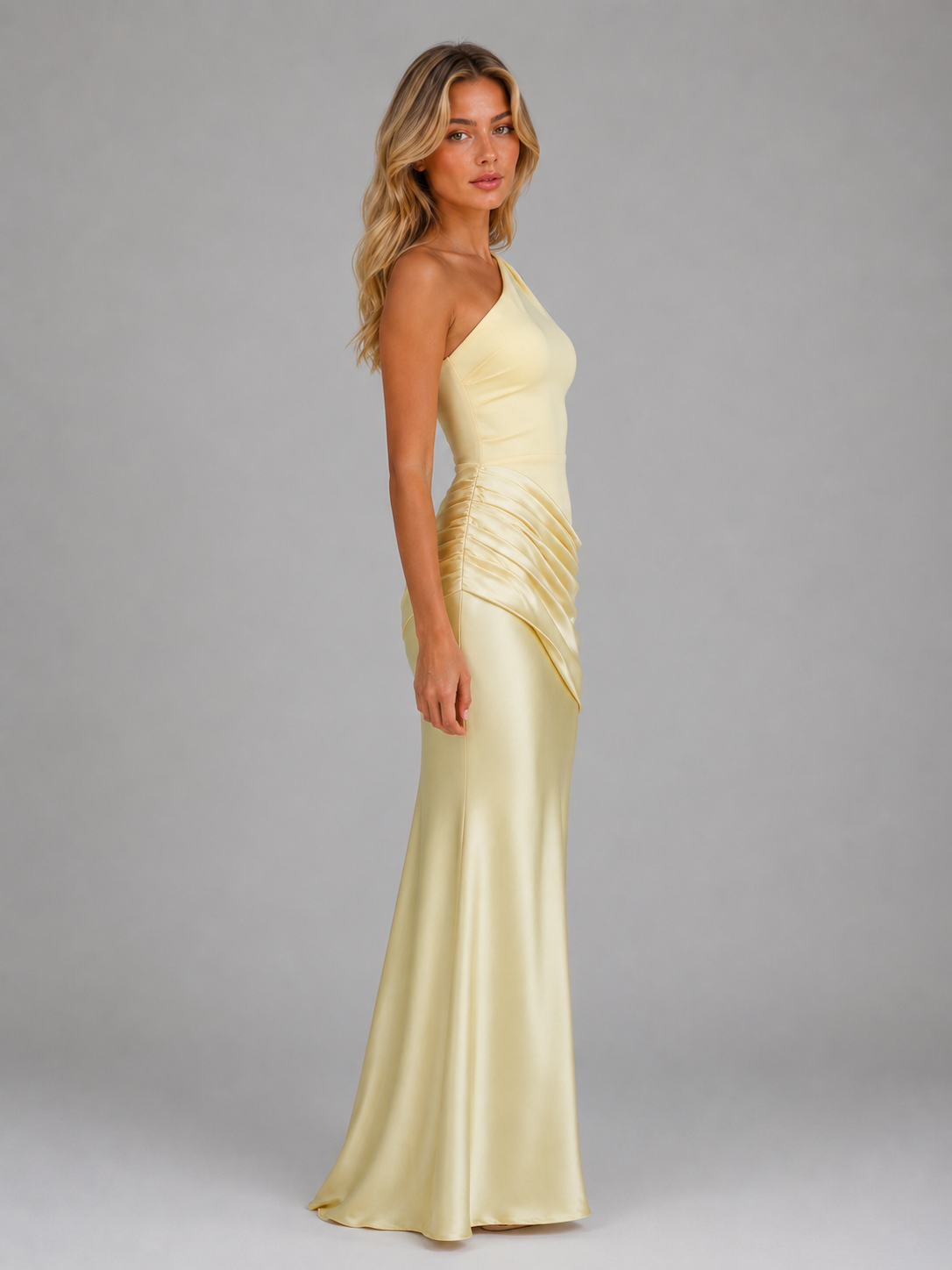 Women's One Shoulder Satin Feel Ruched Maxi Dress – Elegant Bodycon Evening Gown