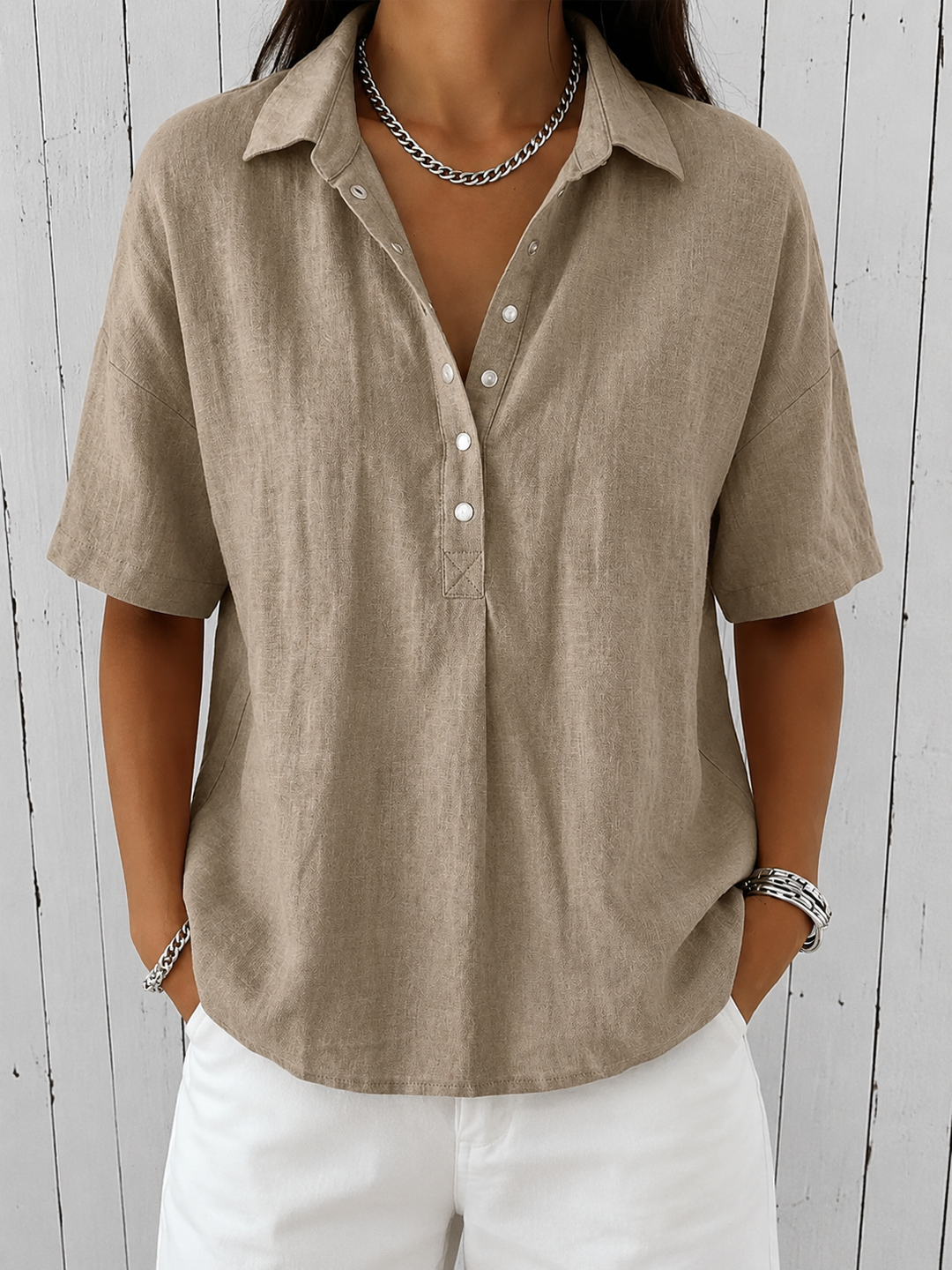 Women's Elegant Spring Blouse – Denim Flowing Design in Khaki