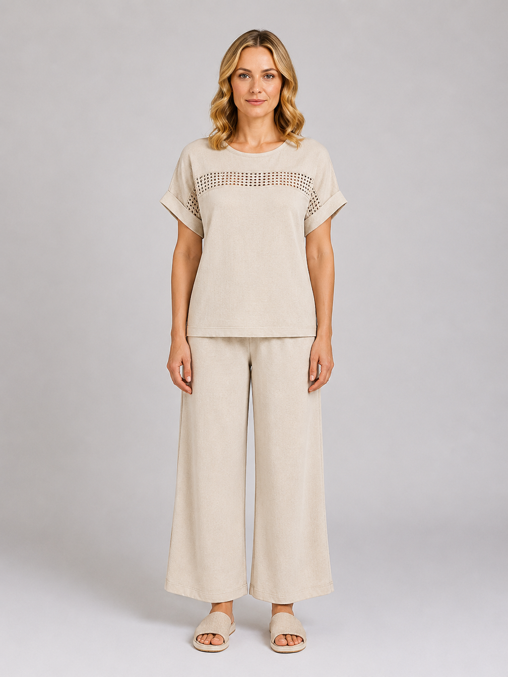 Women's Wide Leg Trouser Co-Ord Set – Crochet Detail Top & Trousers