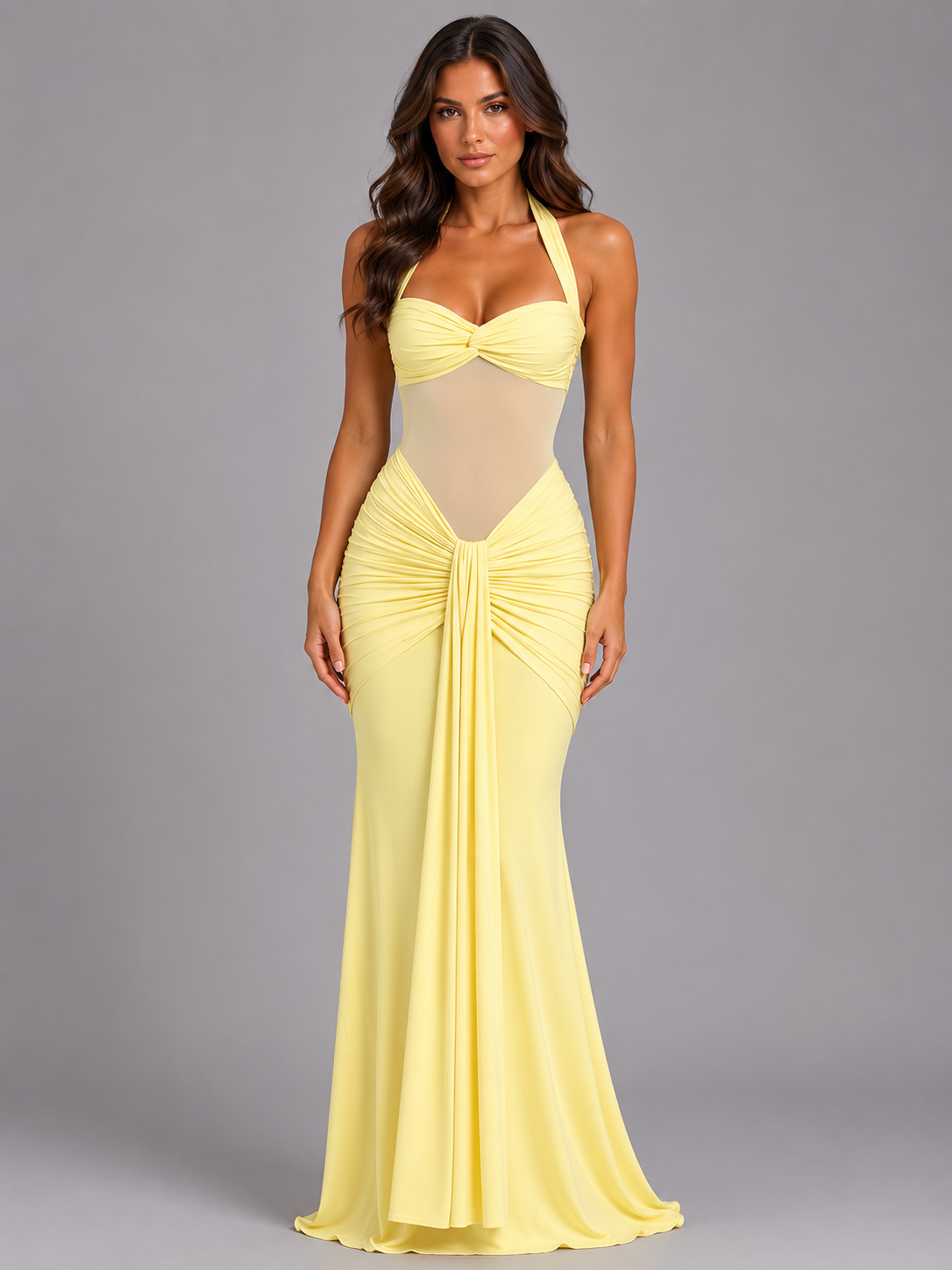 Women’s Halter Mesh Maxi Dress – Ruched Occasion Gown