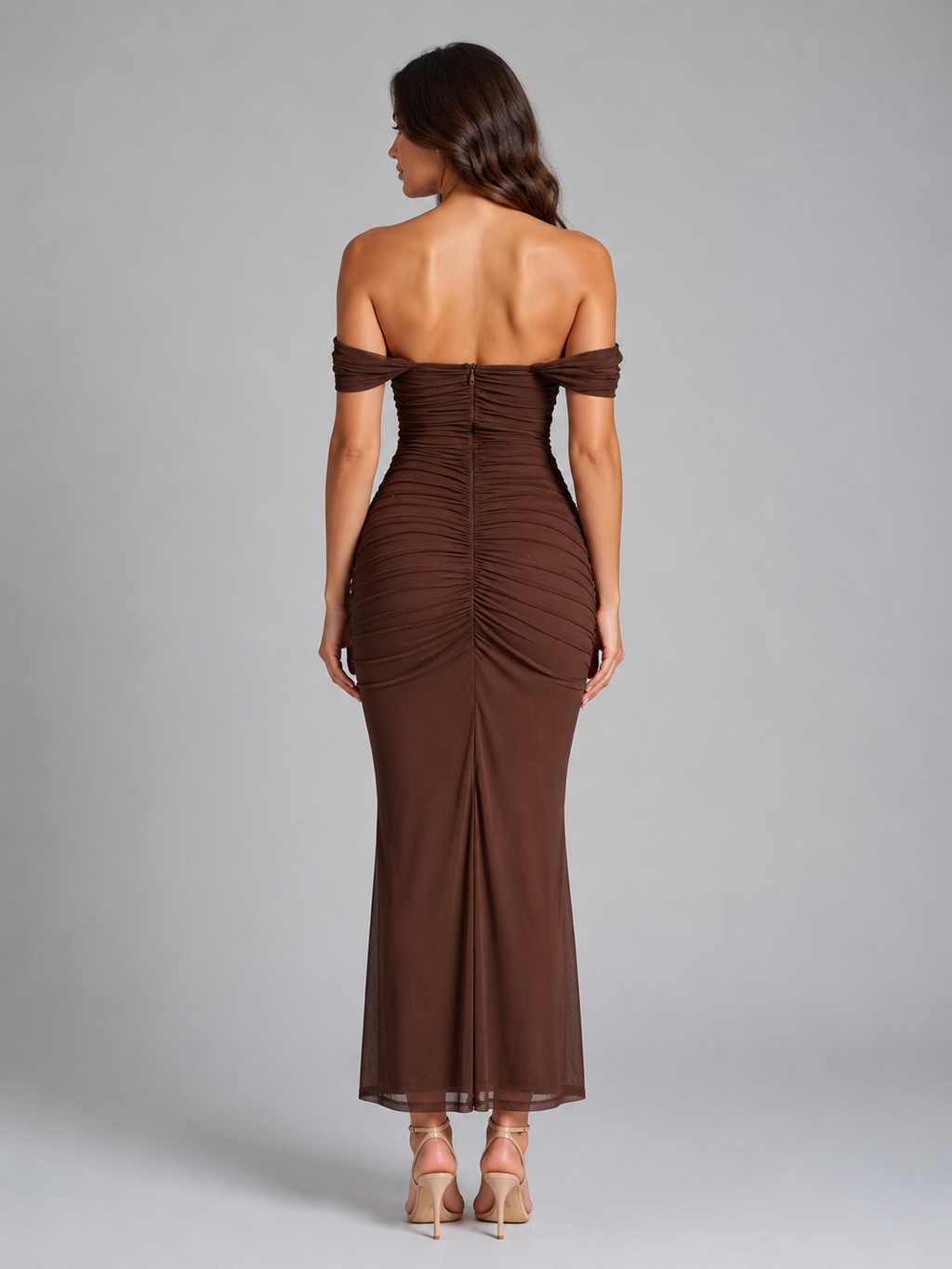 Women's Off-Shoulder Ruched Maxi Dress – Wedding Guest Gown