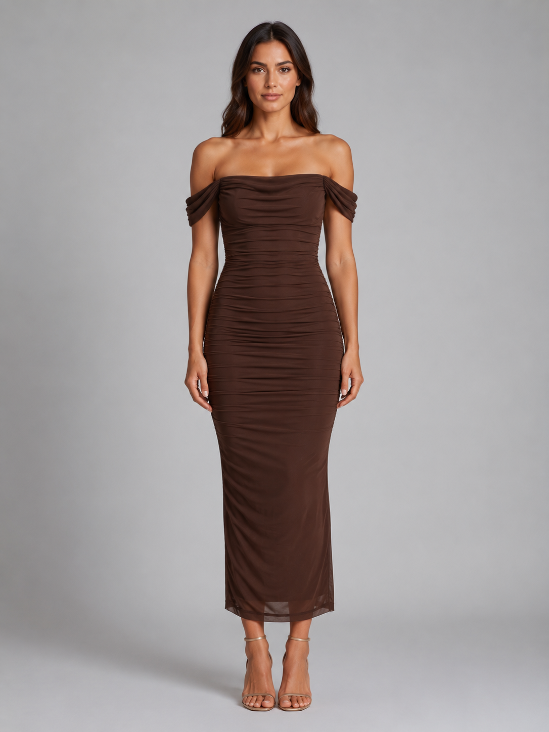 Women's Off-Shoulder Ruched Maxi Dress – Wedding Guest Gown