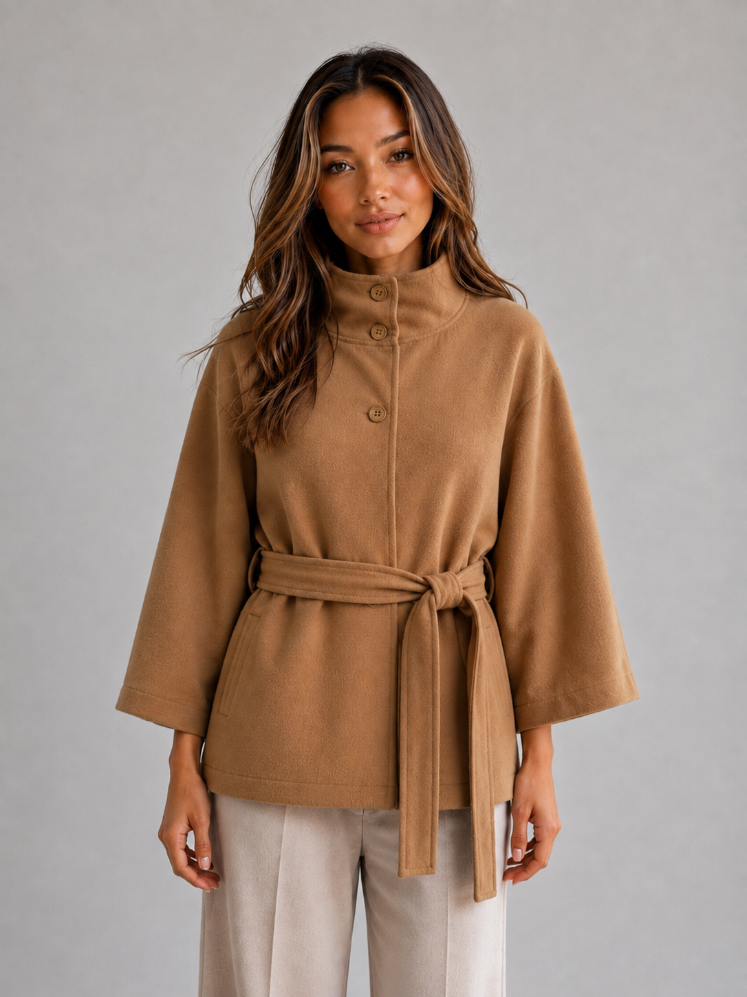 Women's Belted Cape Jacket – Stand Collar Wrap Coat