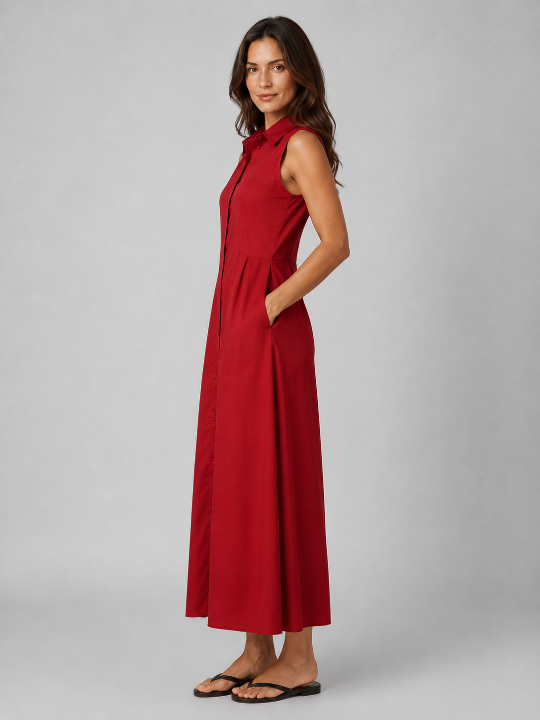 Women's Sleeveless Button Front Maxi Shirt Dress with Pockets – Flattering Fit