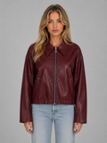 Women's Zip Leather Jacket with Pockets – Relaxed Cropped Fit