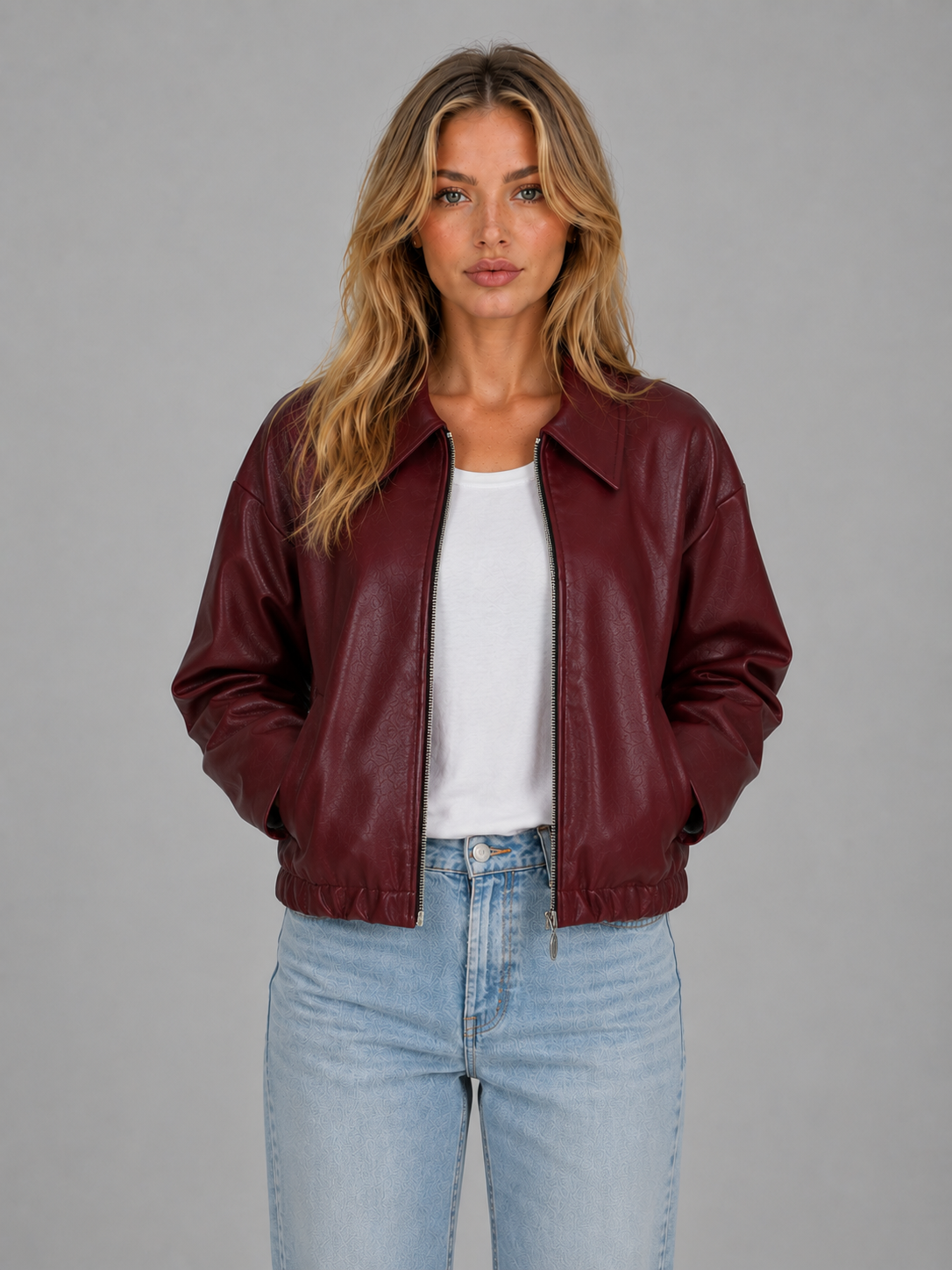 Women's Zip Leather Jacket with Pockets – Relaxed Cropped Fit