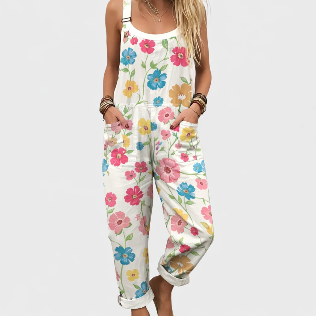 Women's Printed Comfortable Dungarees – Relaxed Casual Design in White & Floral