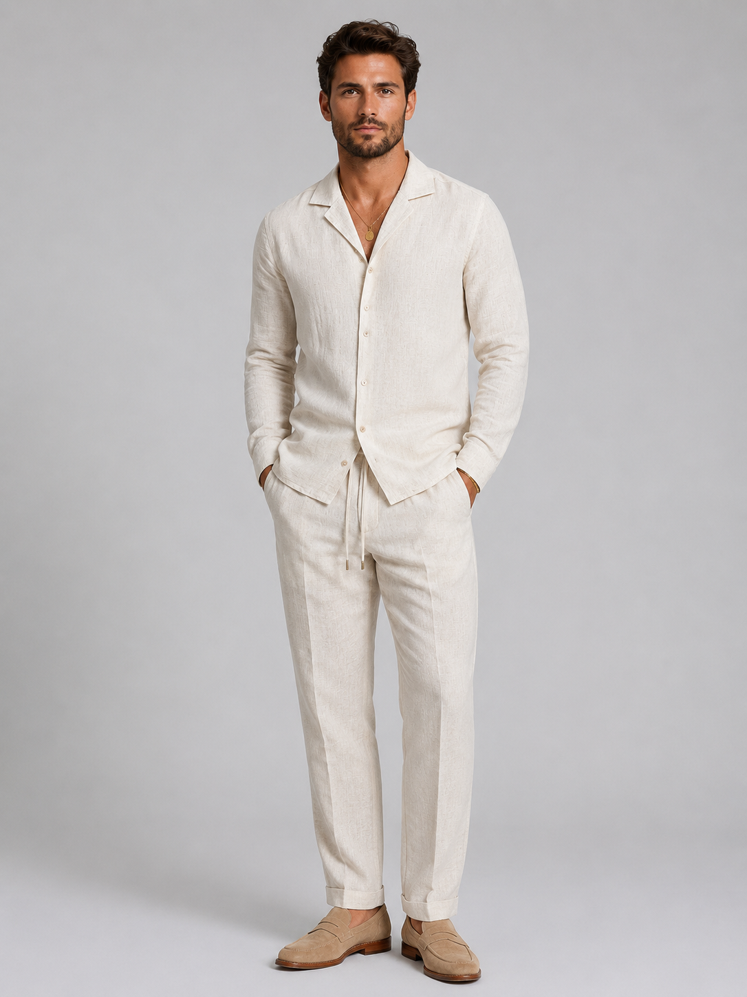 Men’s Linen Style Shirt & Trousers Set – Relaxed Tailored Fit