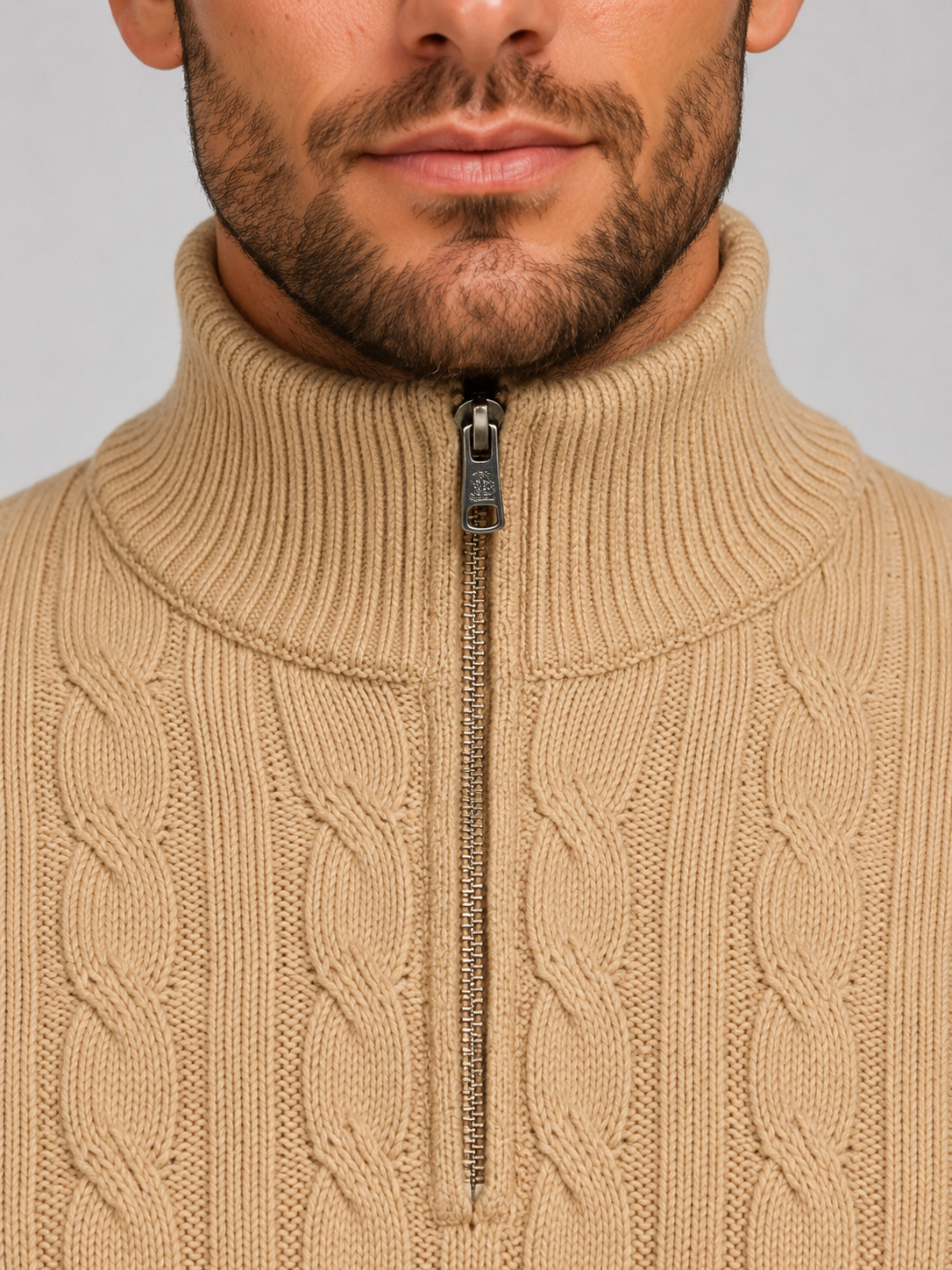Men's Cable Knit Quarter Zip Jumper – Funnel Neck Sweater