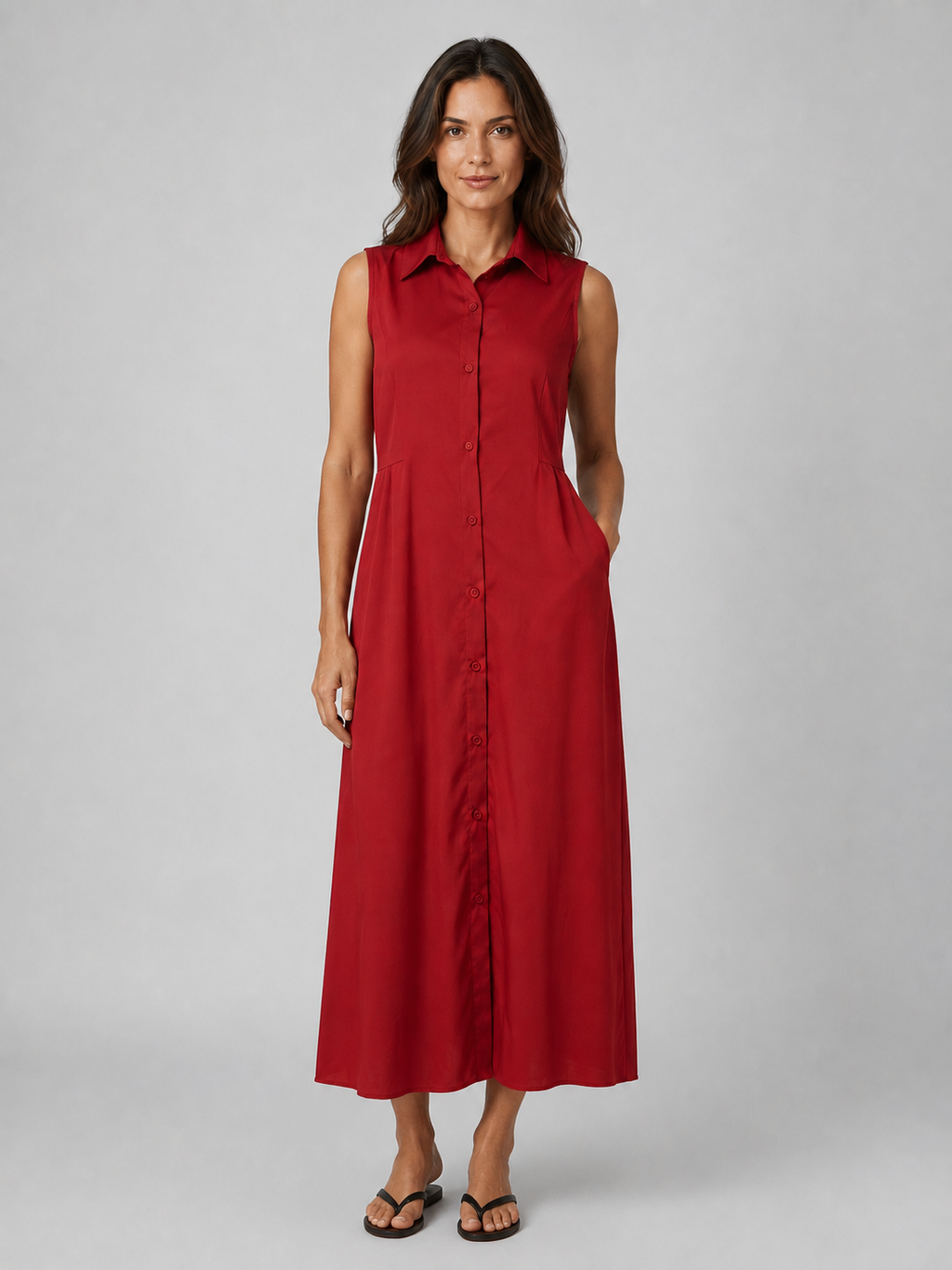 Women's Sleeveless Button Front Maxi Shirt Dress with Pockets – Flattering Fit