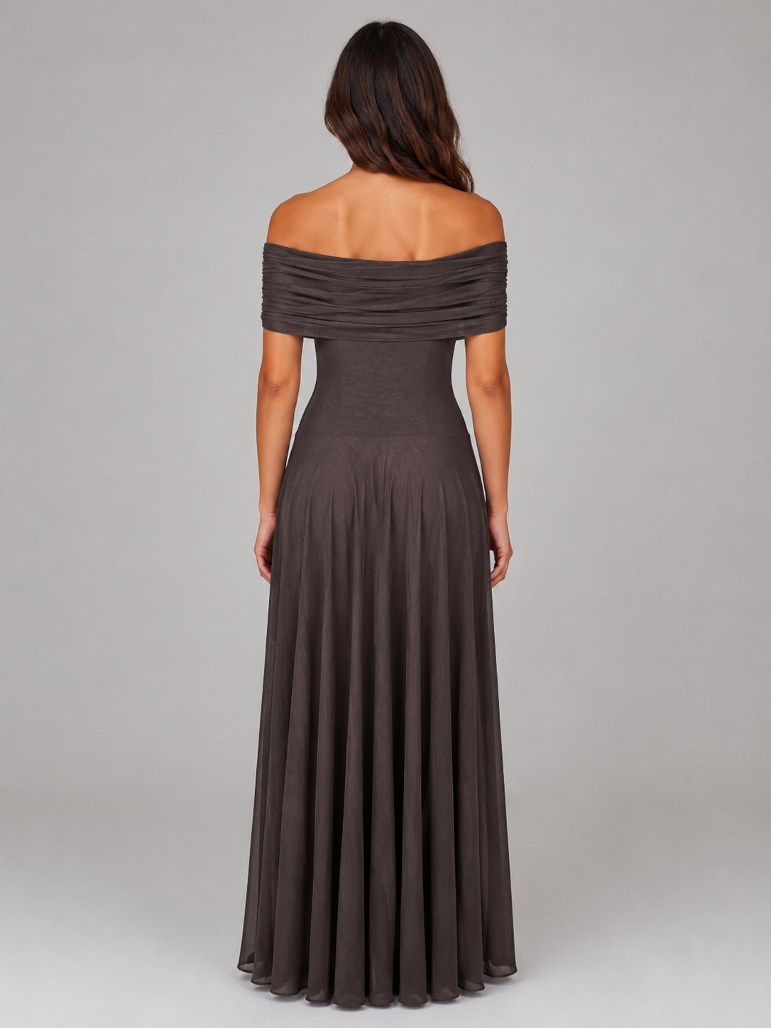 Women's Off Shoulder Mesh Maxi Dress – Ruched Evening Gown