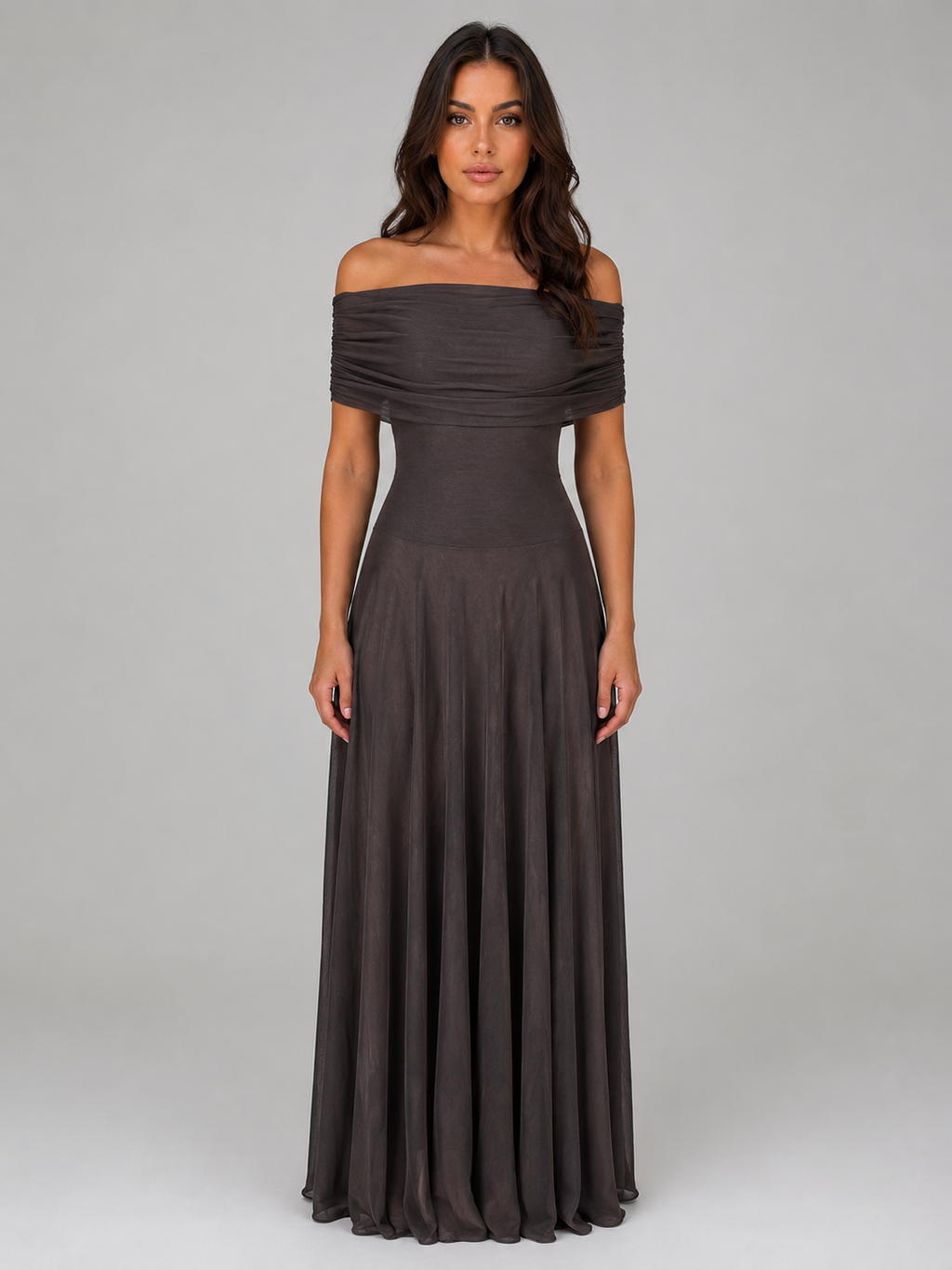 Women's Off Shoulder Mesh Maxi Dress – Ruched Evening Gown