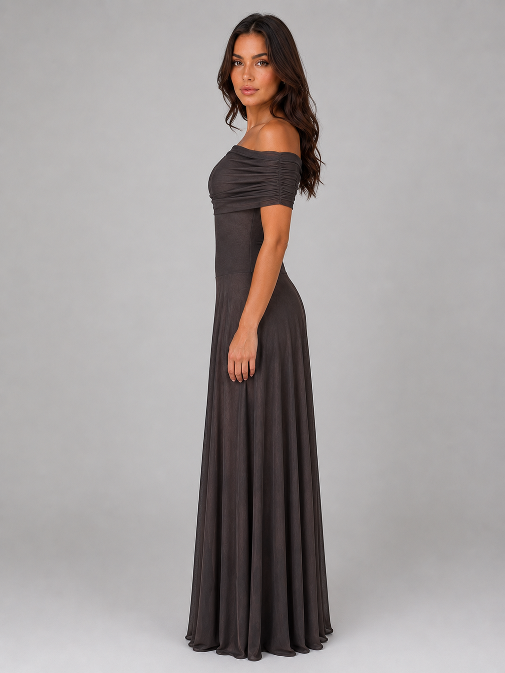 Women's Off Shoulder Mesh Maxi Dress – Ruched Evening Gown