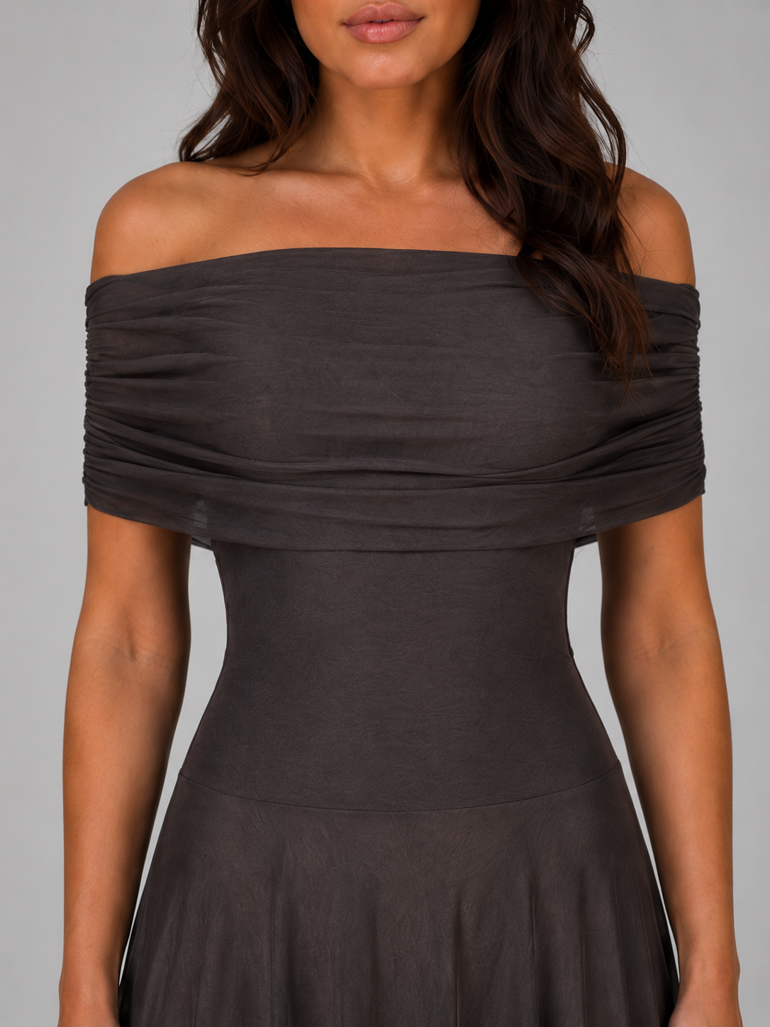 Women's Off Shoulder Mesh Maxi Dress – Ruched Evening Gown