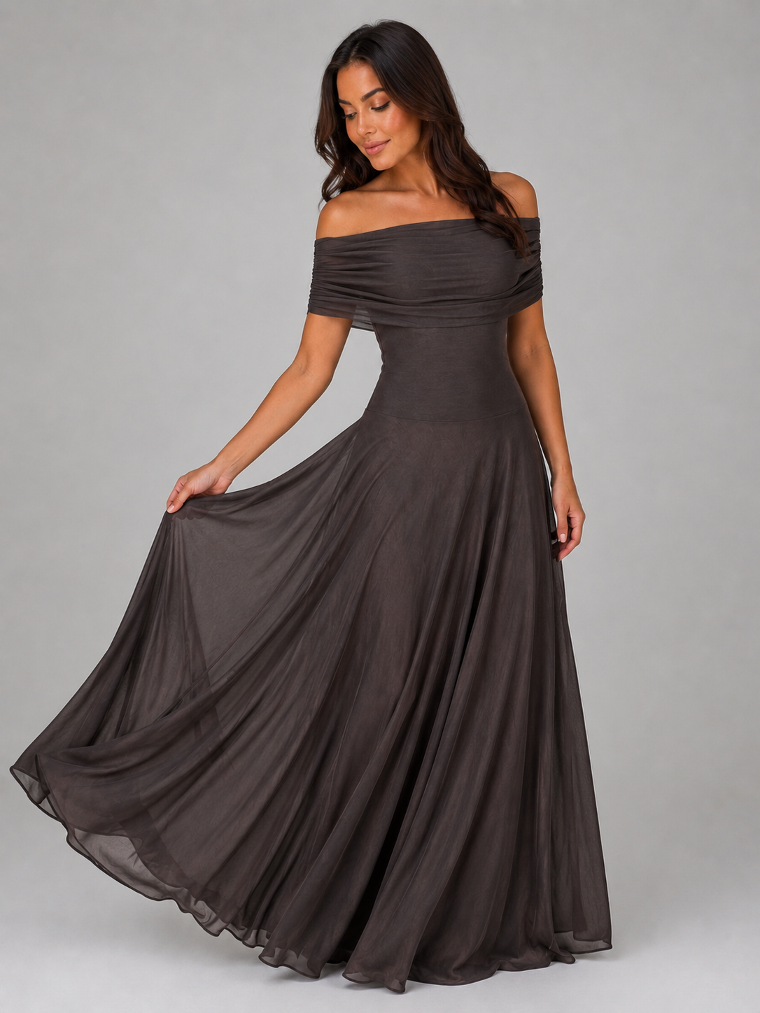 Women's Off Shoulder Mesh Maxi Dress – Ruched Evening Gown