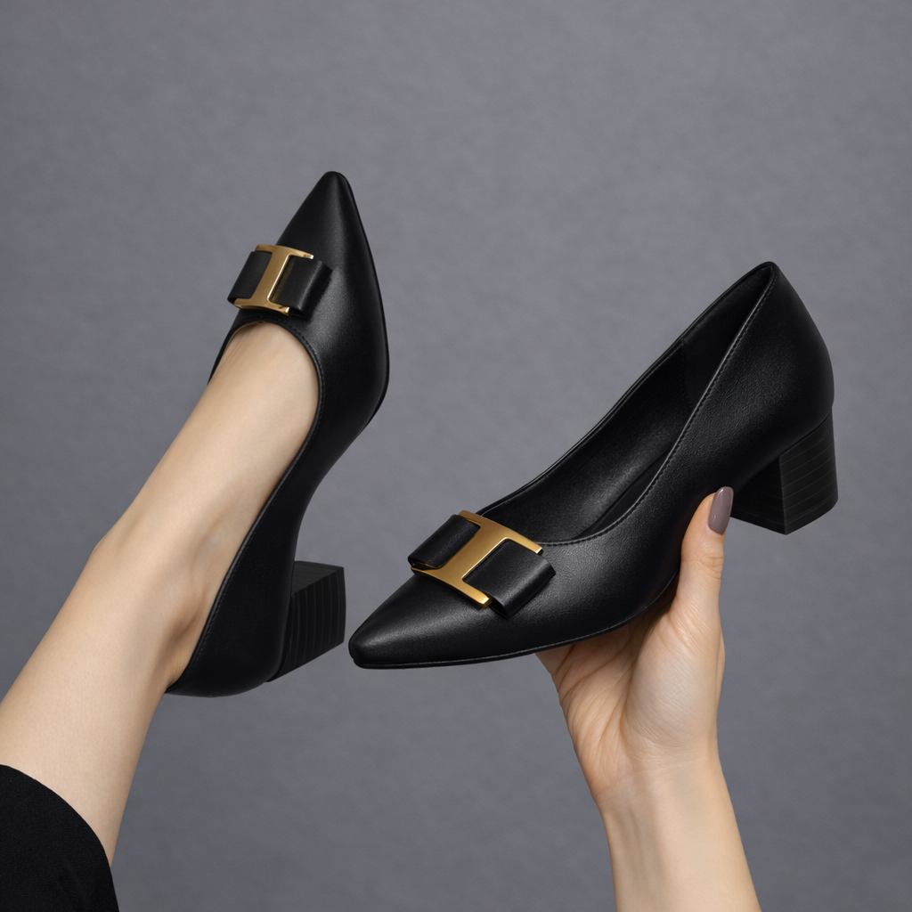 Women's Buckle Heeled Court Shoes – Square Toe Occasion Finish