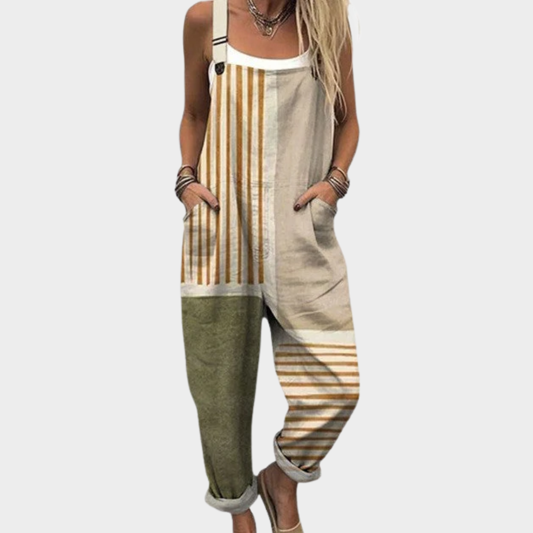 Women's Printed Comfortable Dungarees – Relaxed Casual Design in Beige & Green