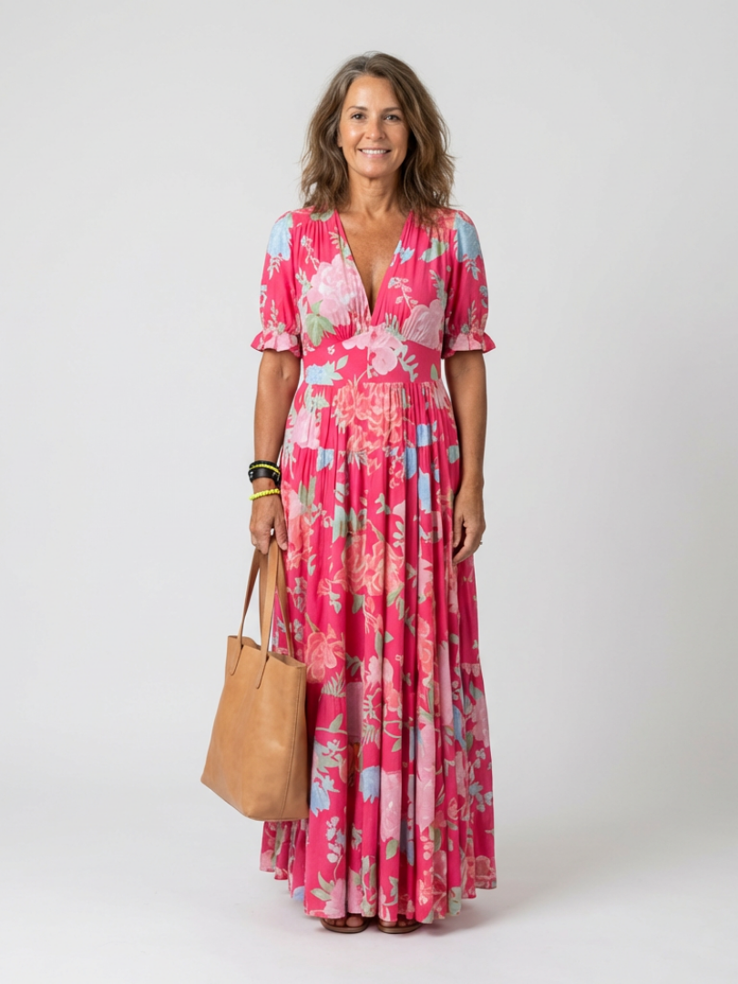 Women's Floral Elegant Midi Dress – Lightweight Style in Pink