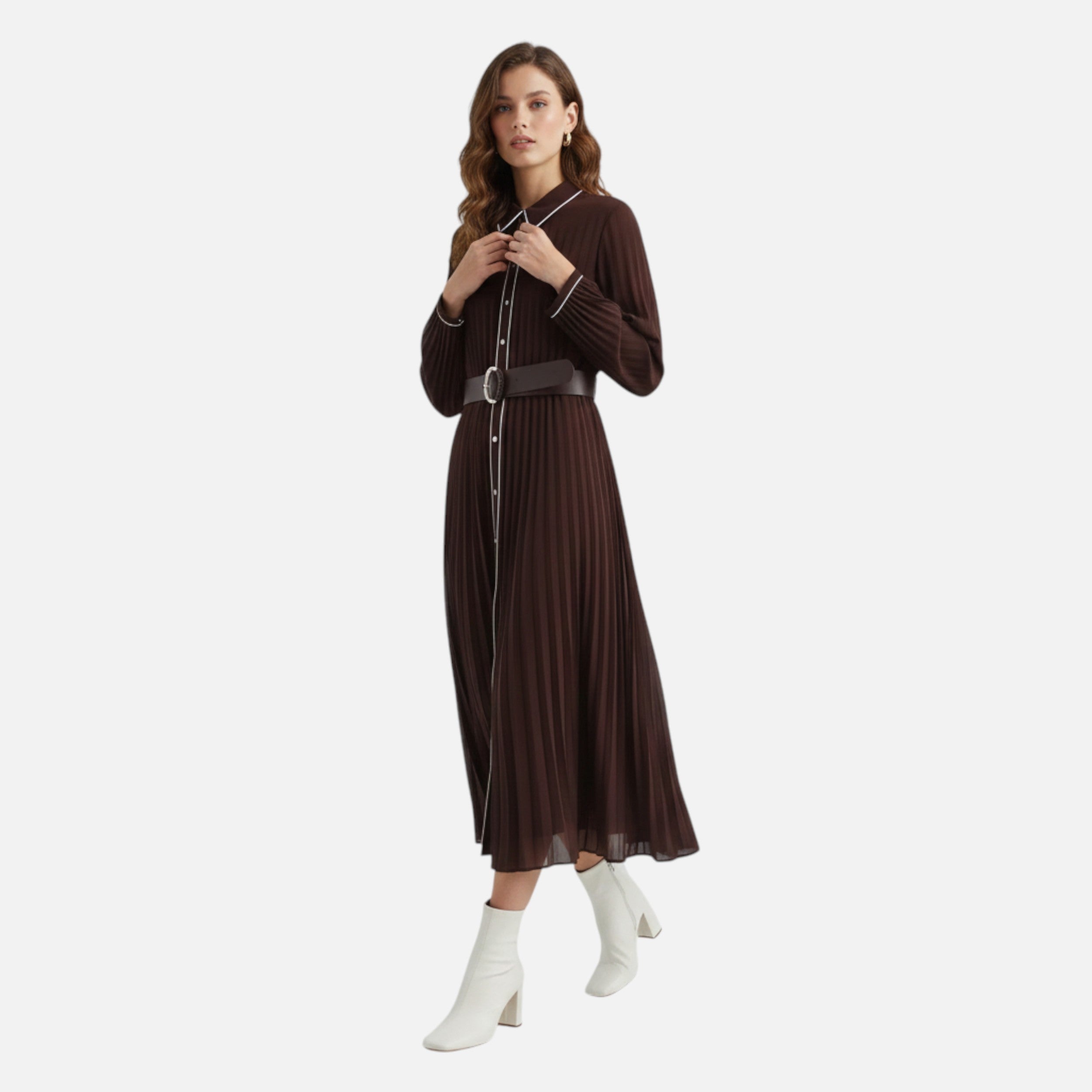 Women’s Pleated Long Sleeve Midi Dress