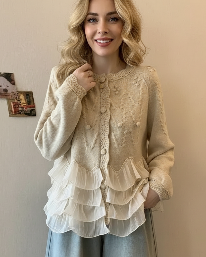 Women's Elegant Knitted Cardigan – Ruffled Refined Design
