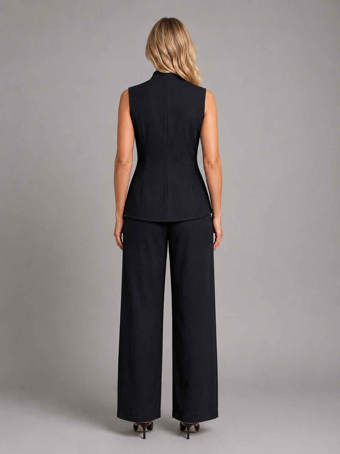 Women's Sleeveless Co-Ord Set – High Neck Button Top & Wide Leg Trousers