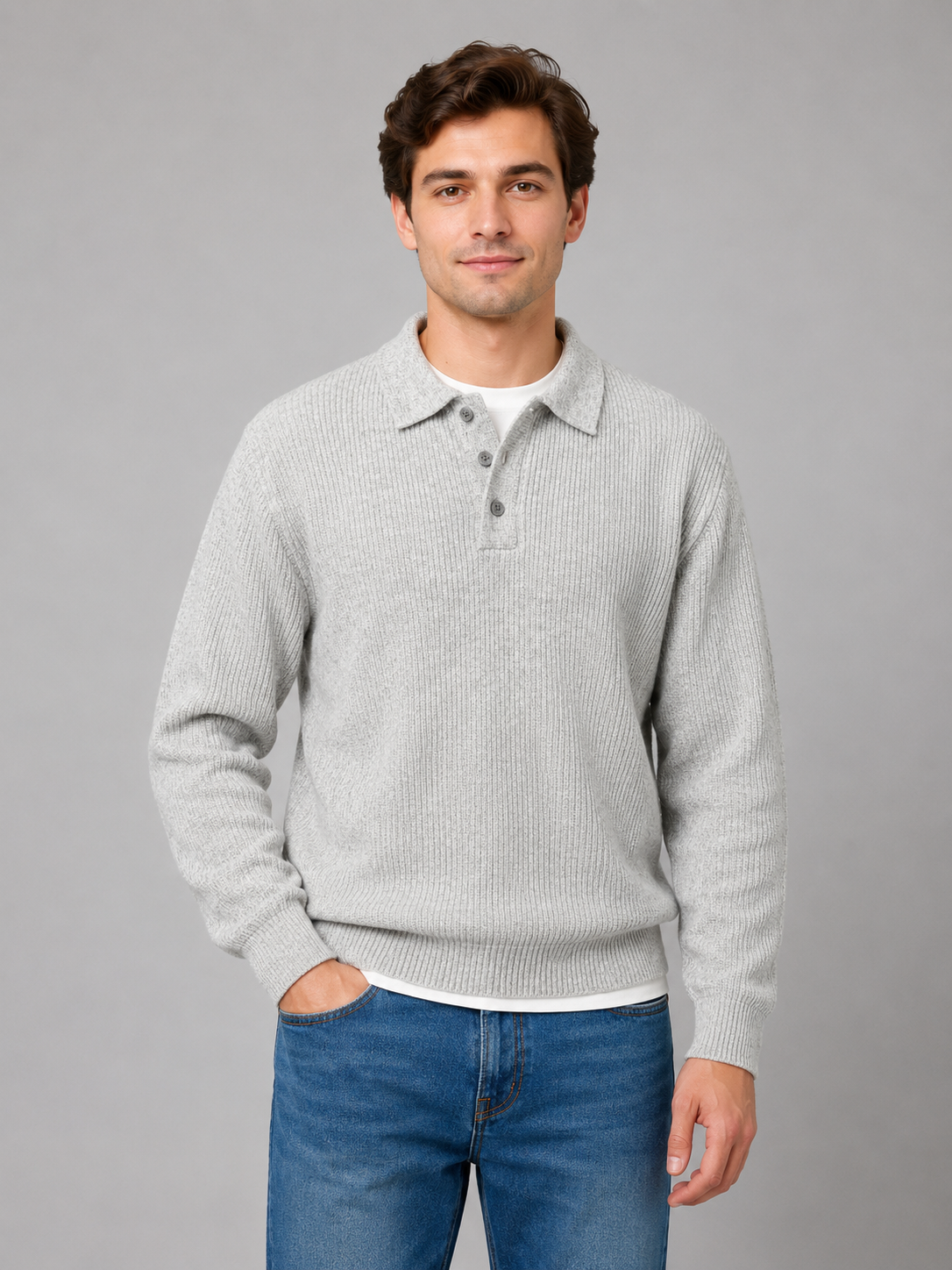 Men's Button Polo Knit Jumper – Lightweight Collared Sweater