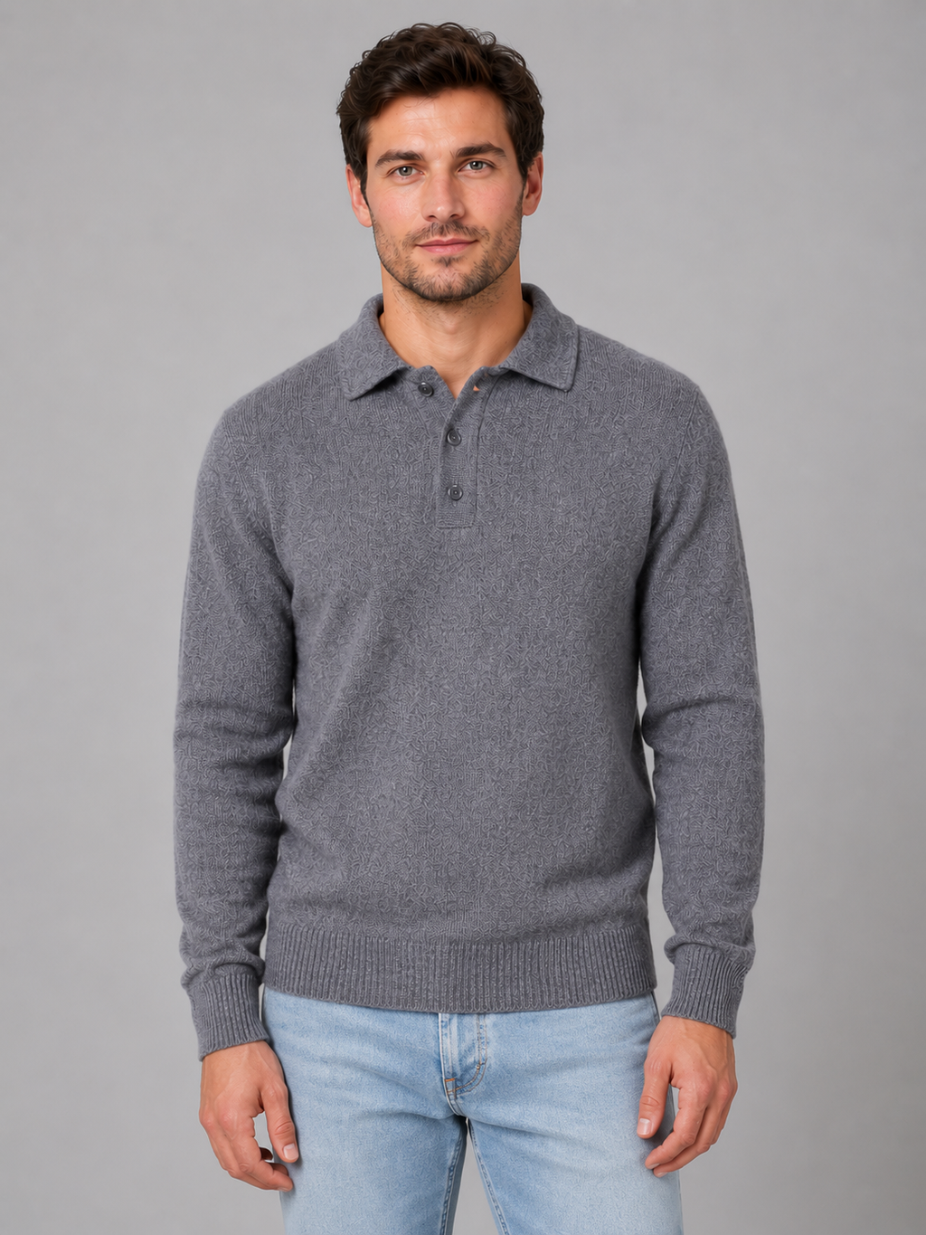 Men's Polo Knit Jumper – Button Long Sleeve Pullover