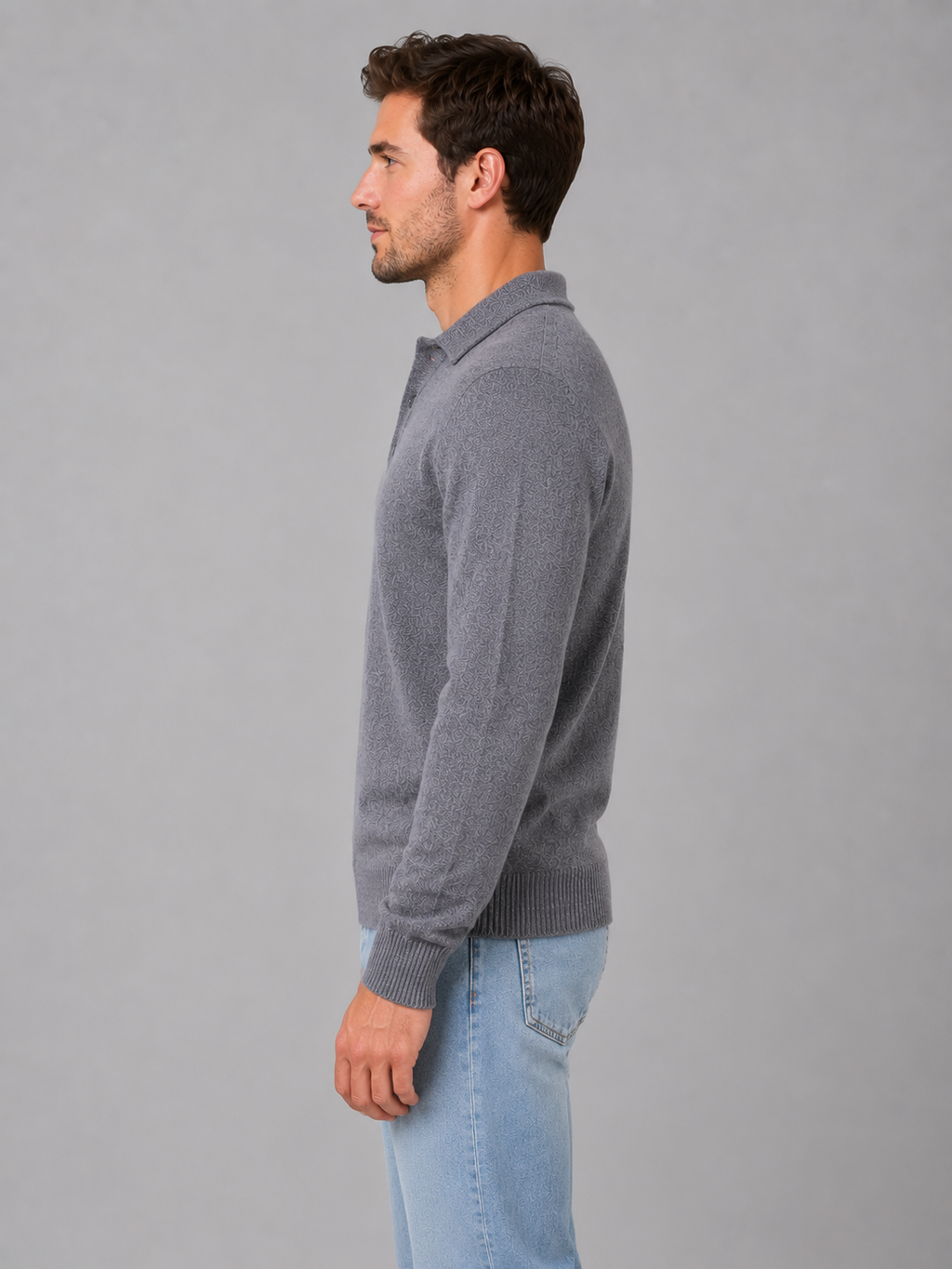 Men's Polo Knit Jumper – Button Long Sleeve Pullover