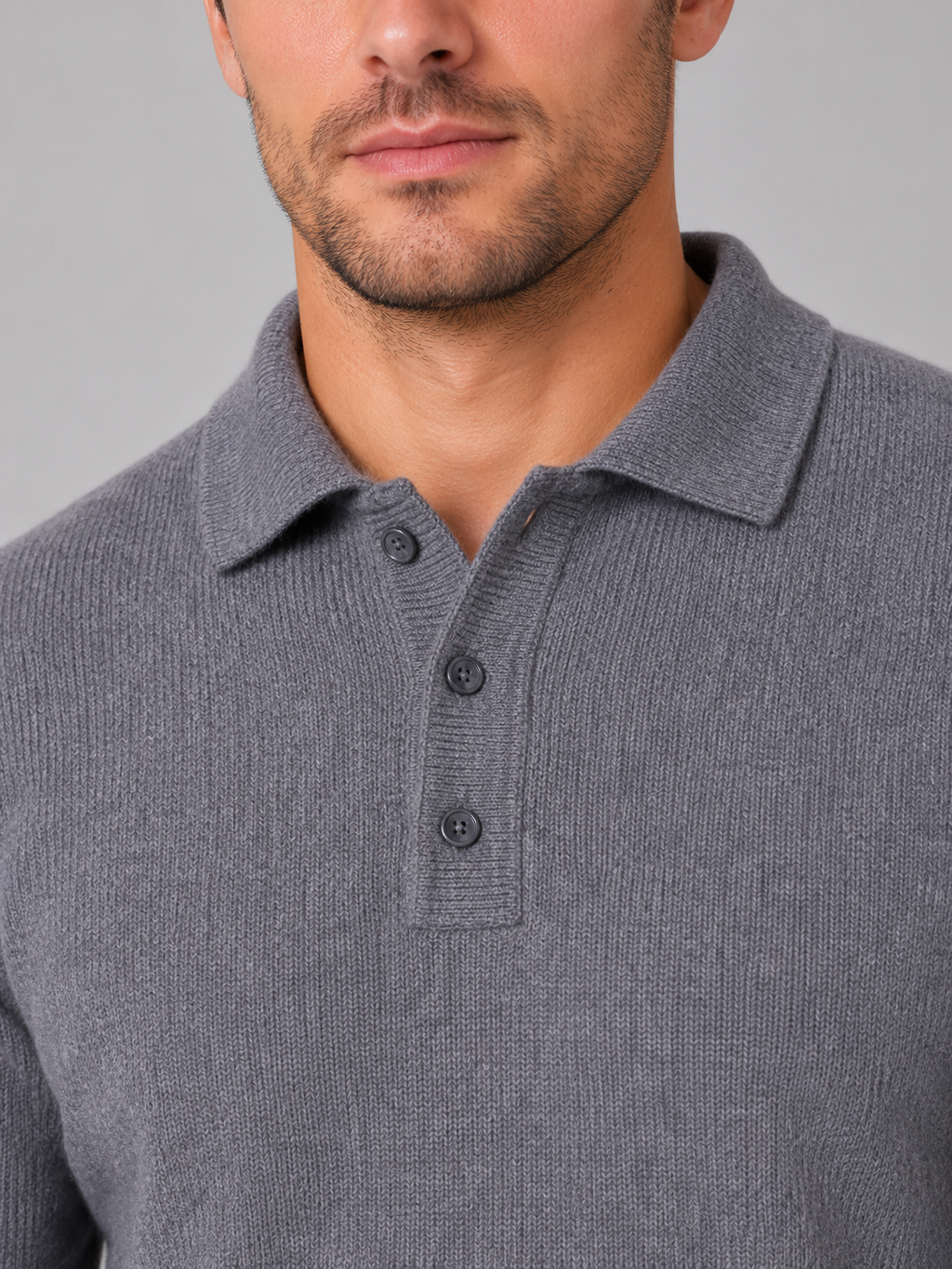 Men's Polo Knit Jumper – Button Long Sleeve Pullover