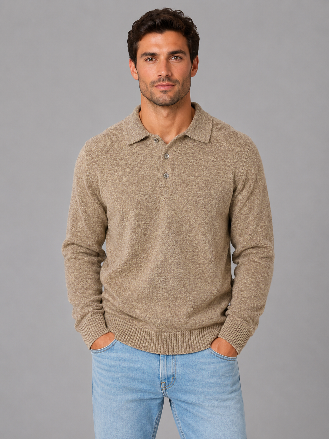 Men's Polo Knit Jumper – Button Long Sleeve Pullover