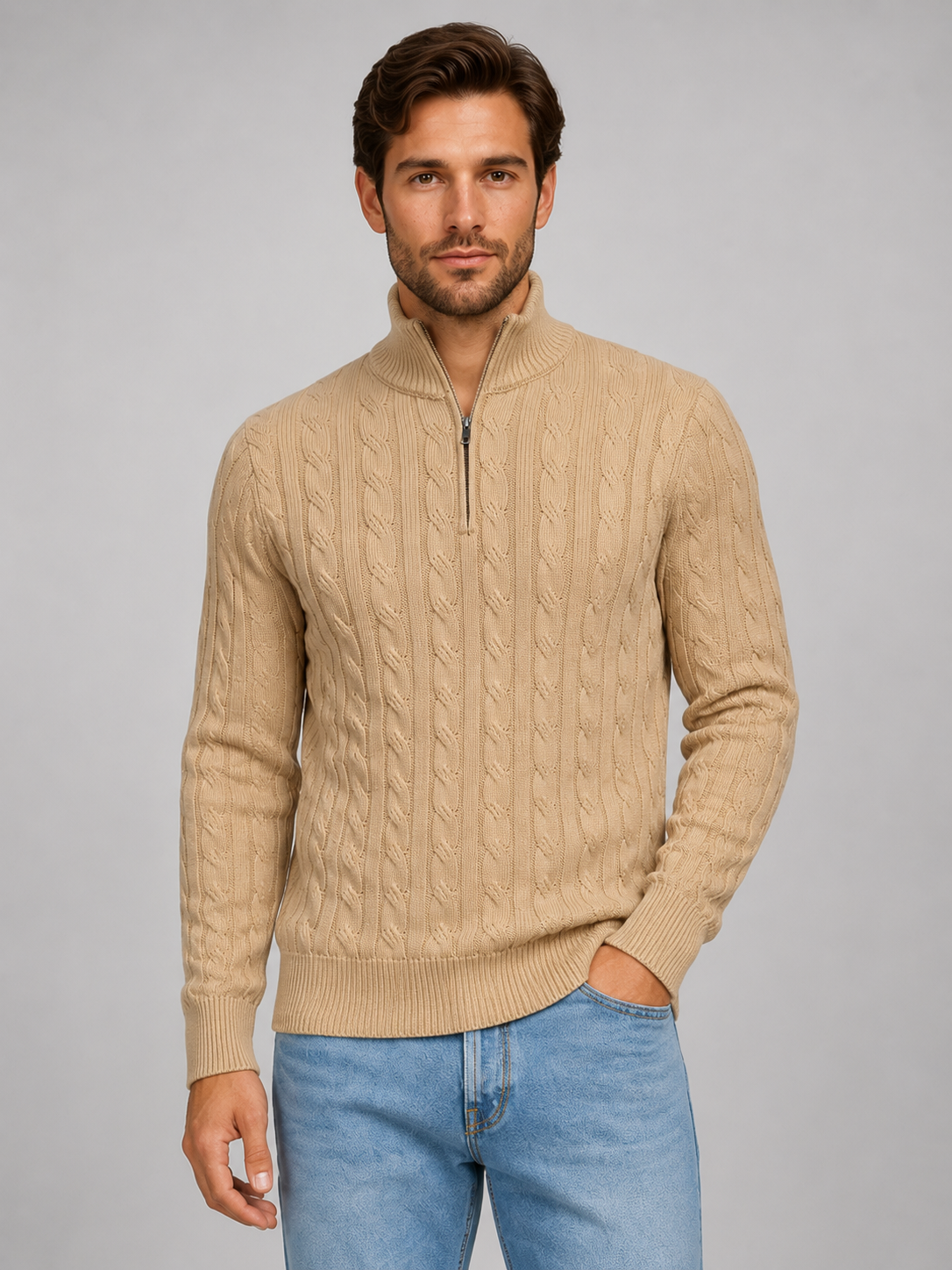 Men's Cable Knit Quarter Zip Jumper – Funnel Neck Sweater