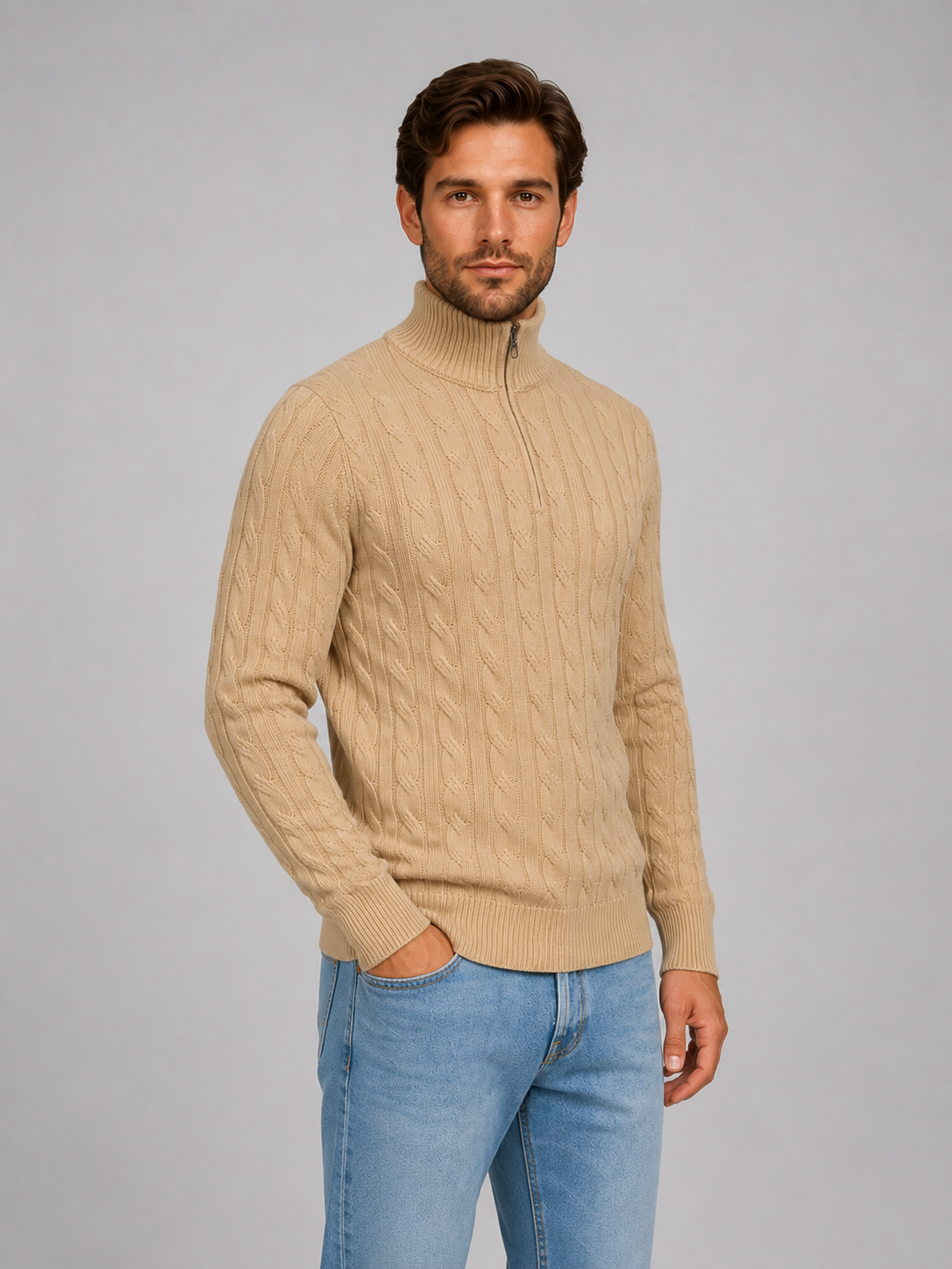 Men's Cable Knit Quarter Zip Jumper – Funnel Neck Sweater