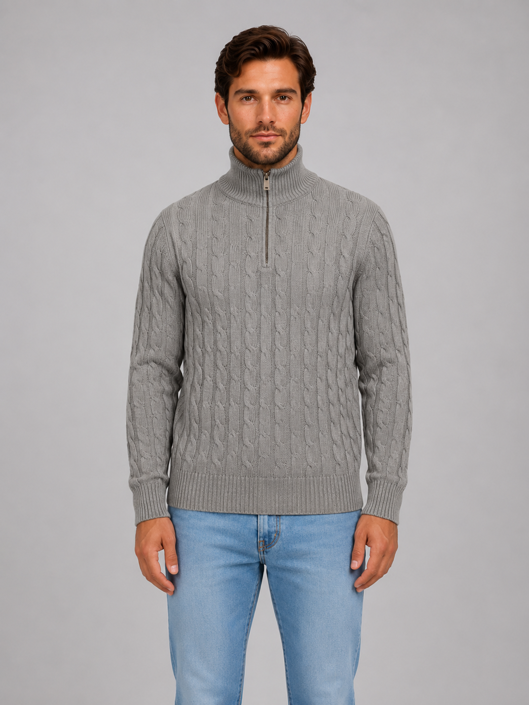 Men's Cable Knit Quarter Zip Jumper – Funnel Neck Sweater