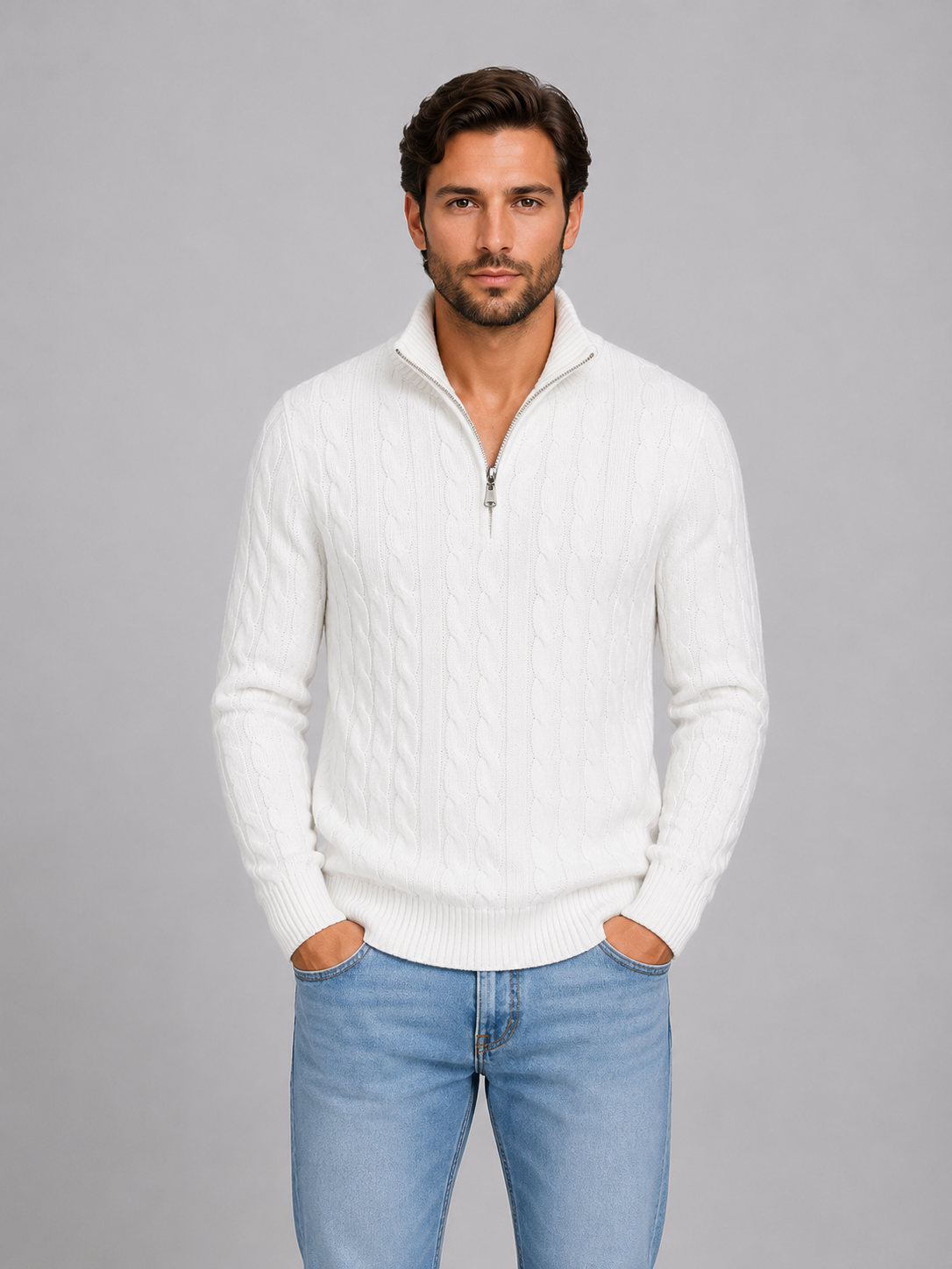 Men's Cable Knit Quarter Zip Jumper – Funnel Neck Sweater