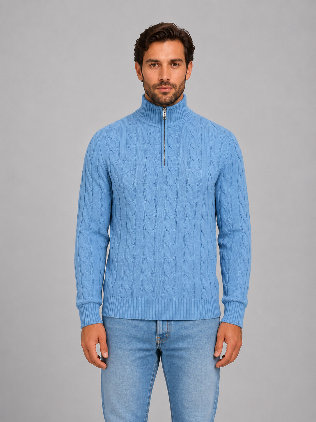 Men's Cable Knit Quarter Zip Jumper – Funnel Neck Sweater