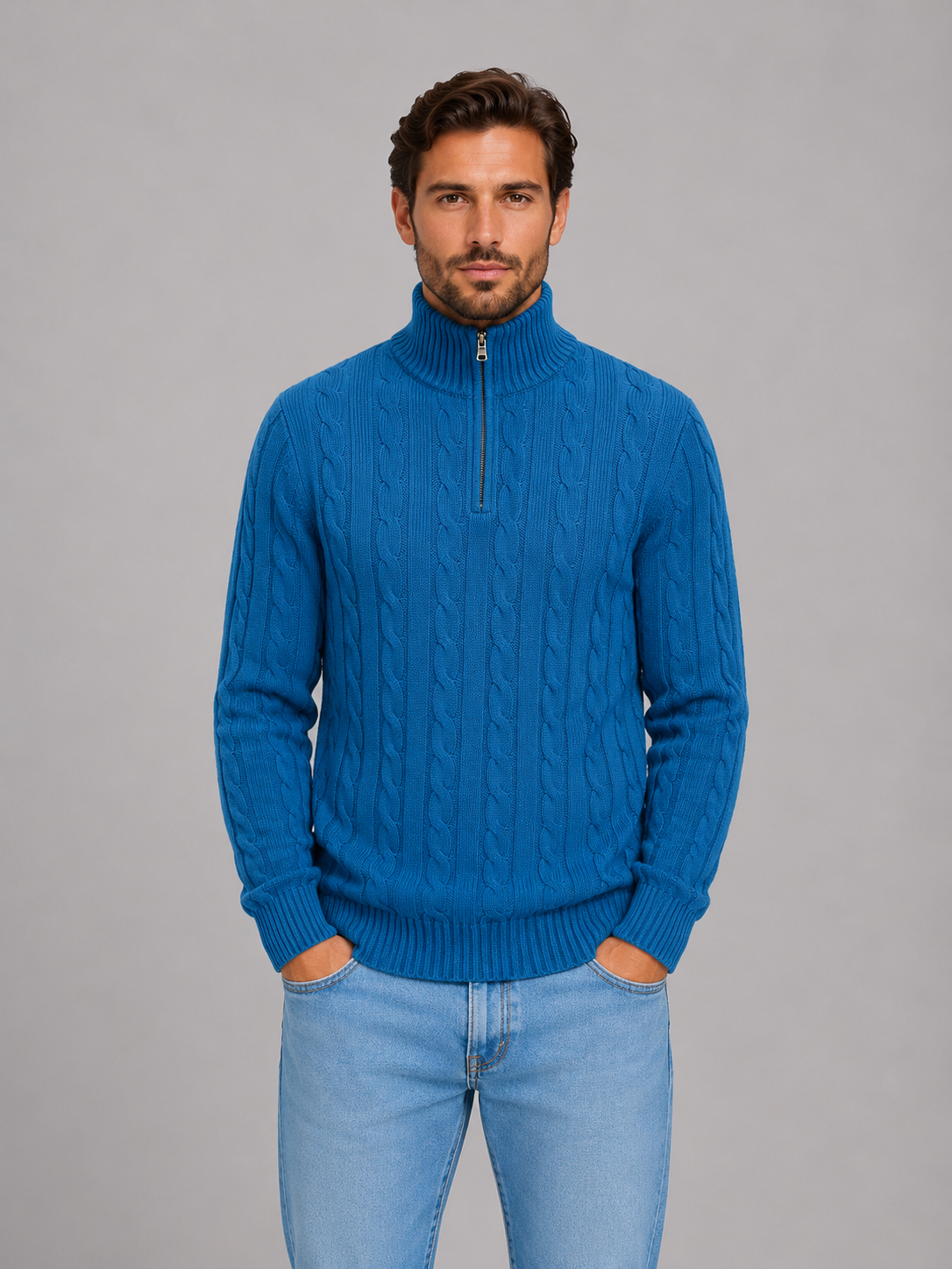 Men's Cable Knit Quarter Zip Jumper – Funnel Neck Sweater