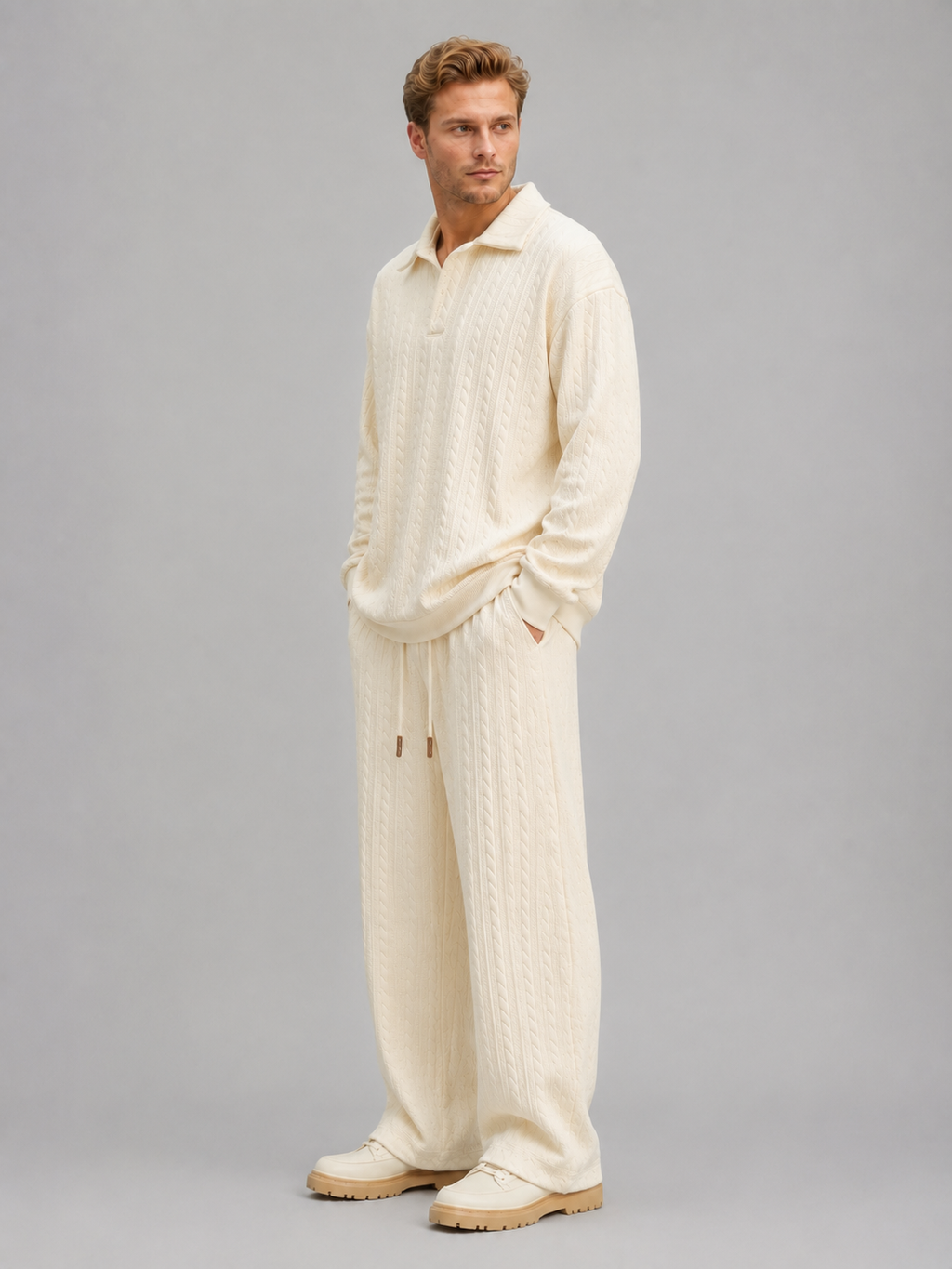 Men’s Cable Knit Two-Piece Set – Collared Top & Wide-Leg Trousers