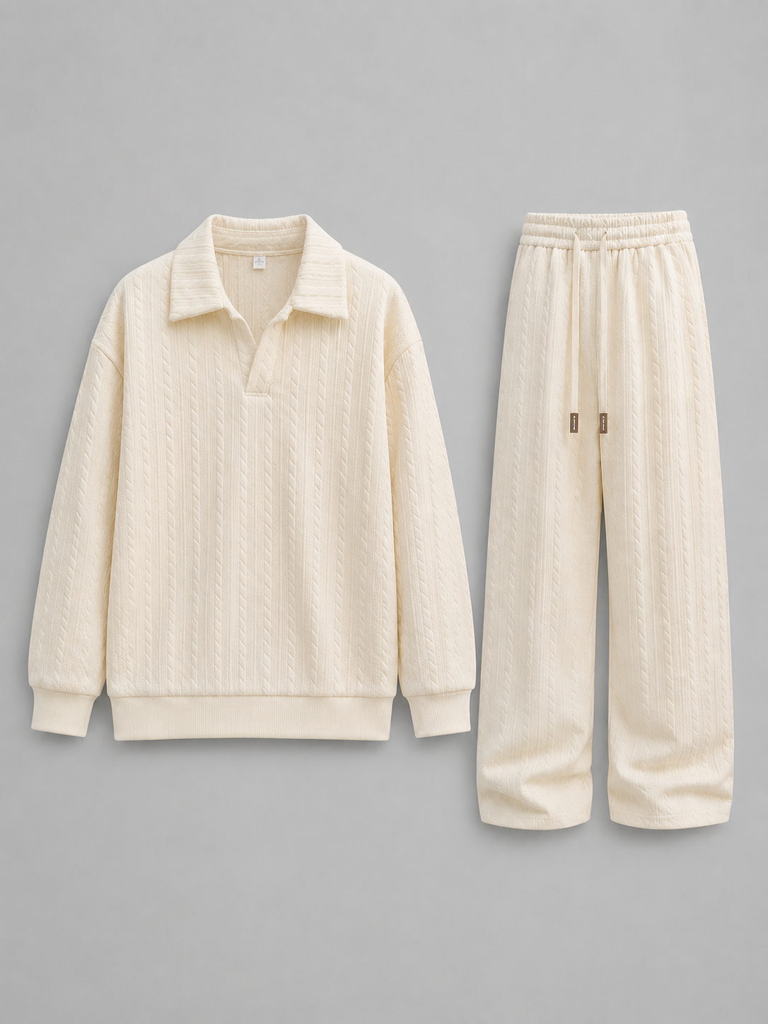 Men’s Cable Knit Two-Piece Set – Collared Top & Wide-Leg Trousers