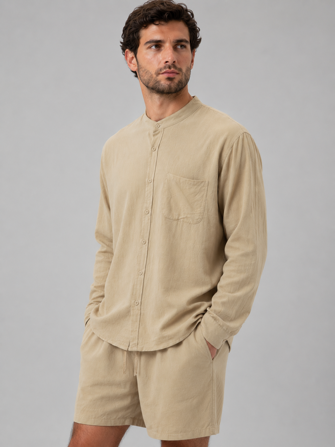 Men's Linen Look Band Collar Shirt & Shorts Set – Relaxed Summer Co-Ord