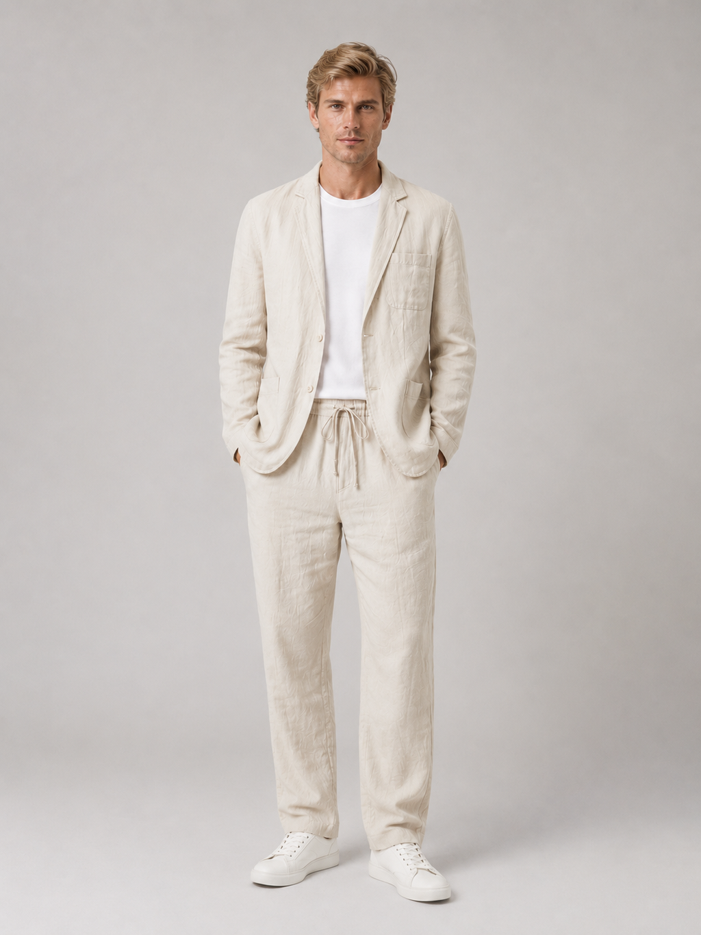 Men's Linen Style Summer Set – Relaxed Blazer & Trousers Suit