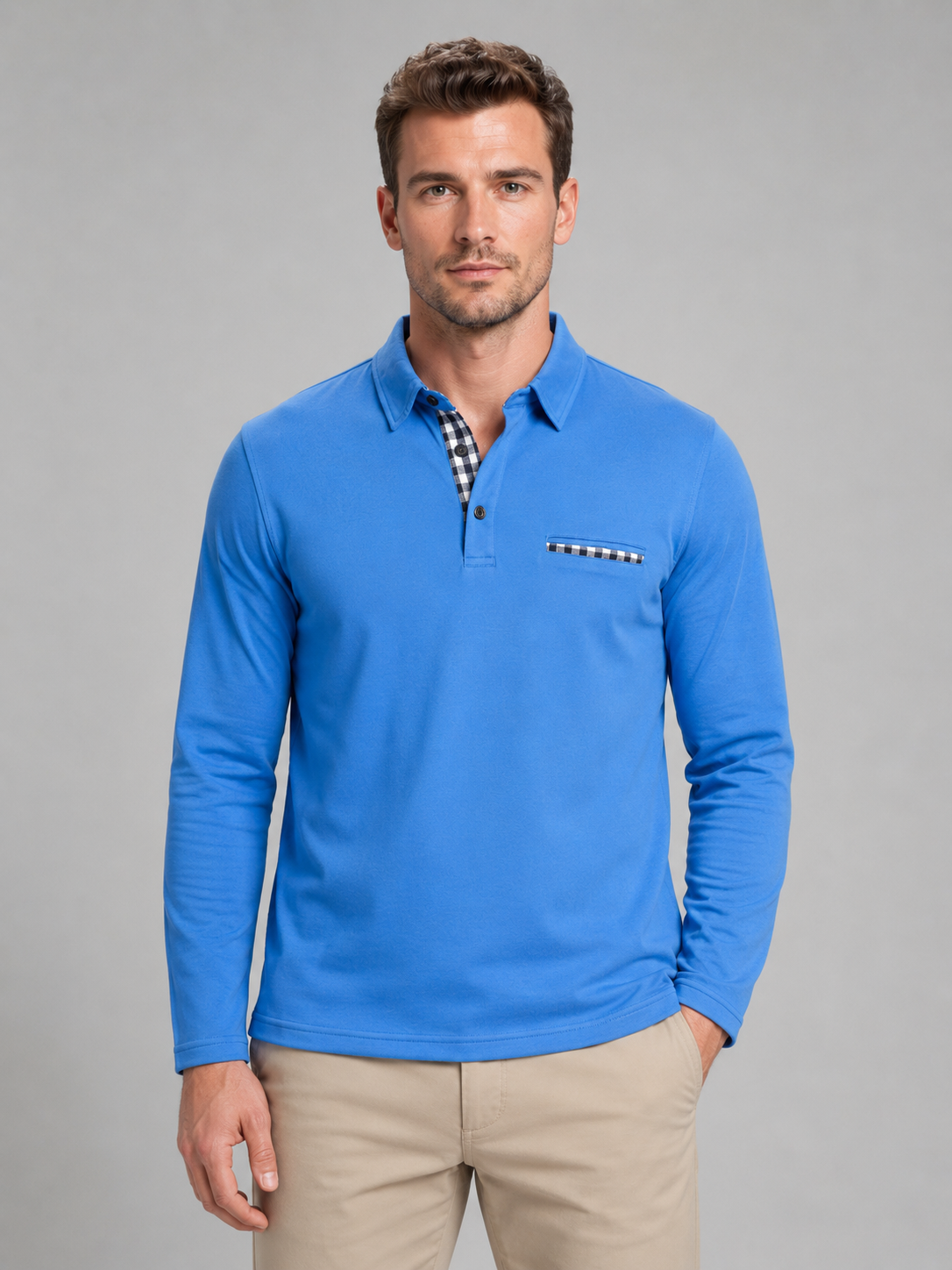 Men's Long Sleeve Polo Shirt – Gingham Trim Casual Top