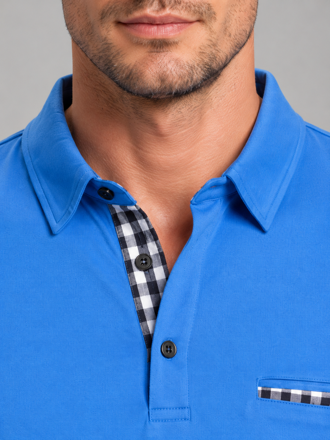 Men's Long Sleeve Polo Shirt – Gingham Trim Casual Top