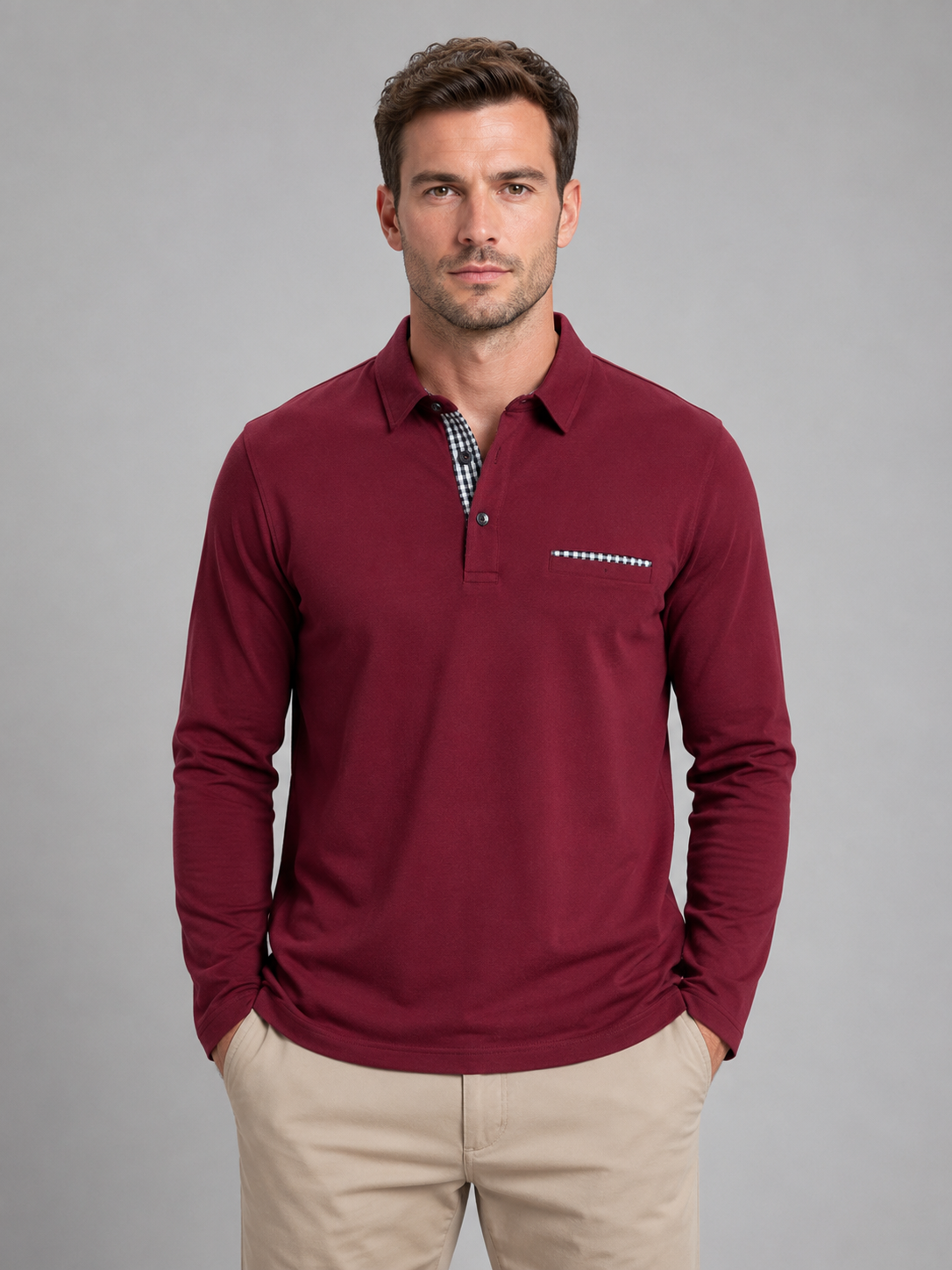 Men's Long Sleeve Polo Shirt – Gingham Trim Casual Top