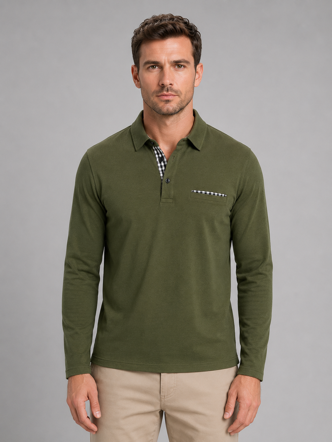 Men's Long Sleeve Polo Shirt – Gingham Trim Casual Top